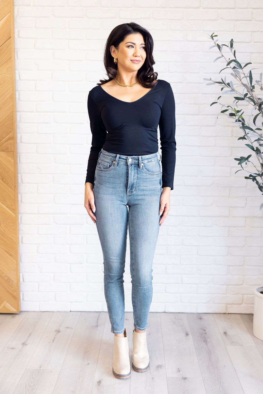 Justine High Rise Control Top Contrast Wash Skinny Jeans - Southern Divas Boutique