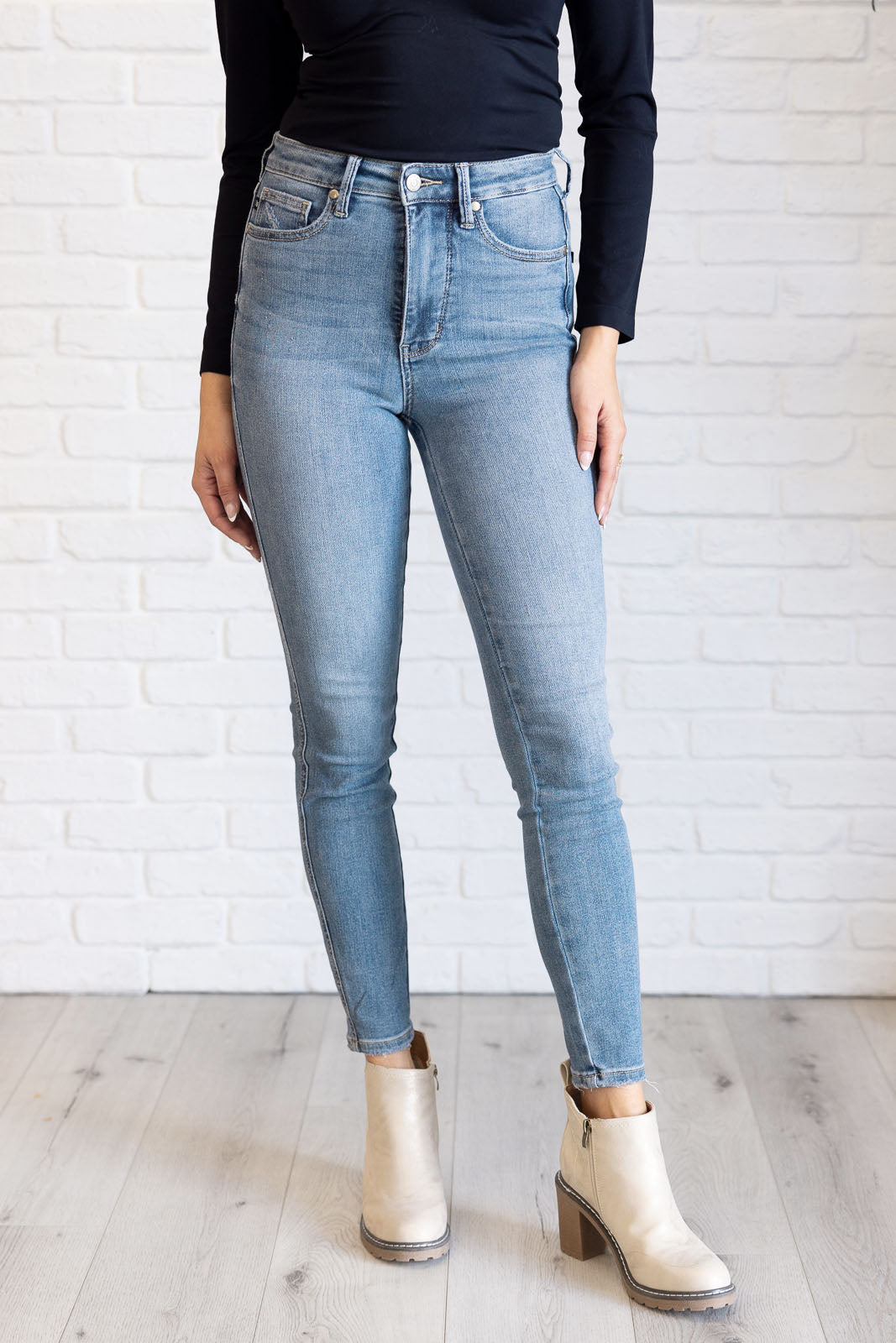 Justine High Rise Control Top Contrast Wash Skinny Jeans - Southern Divas Boutique