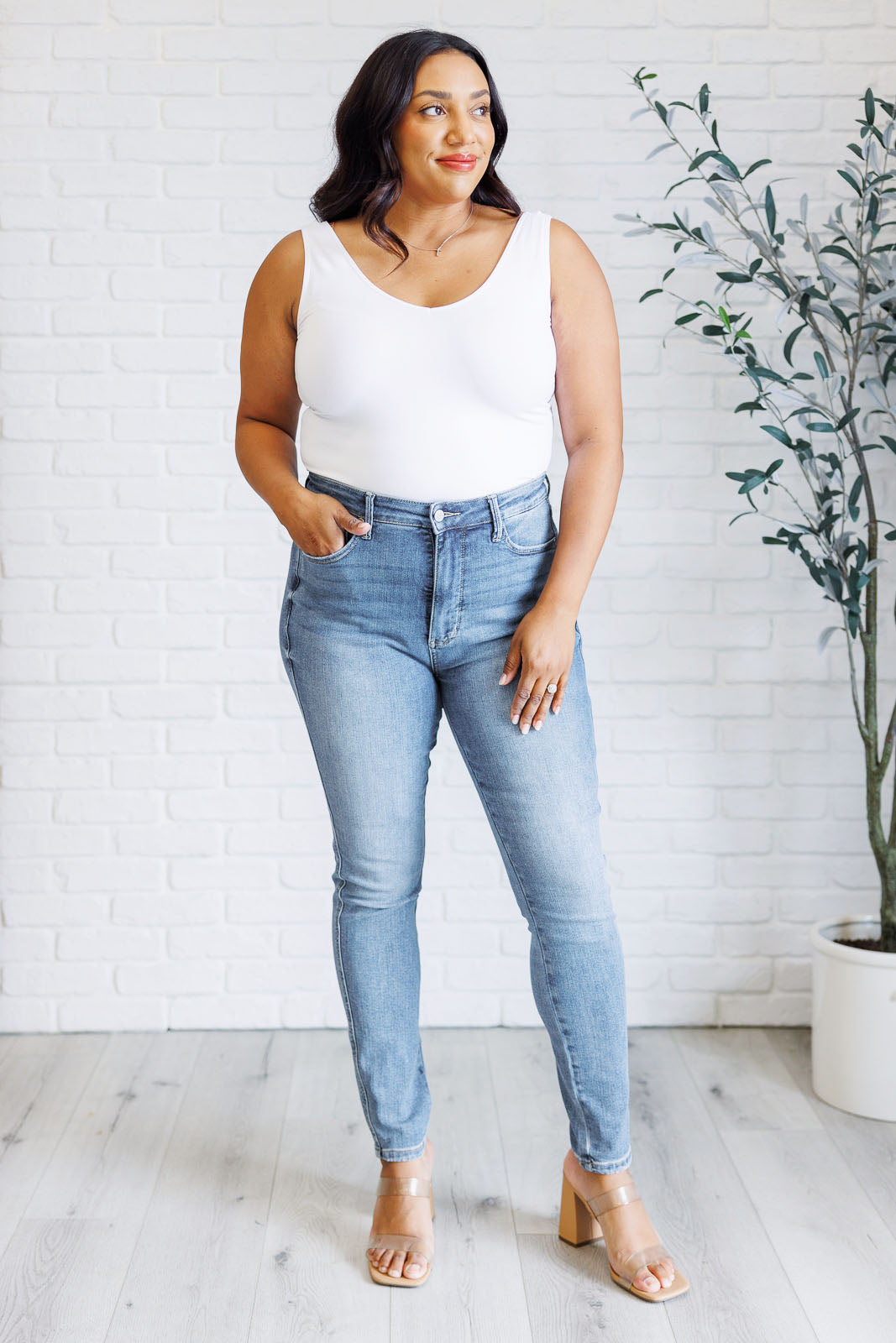 Justine High Rise Control Top Contrast Wash Skinny Jeans - Southern Divas Boutique