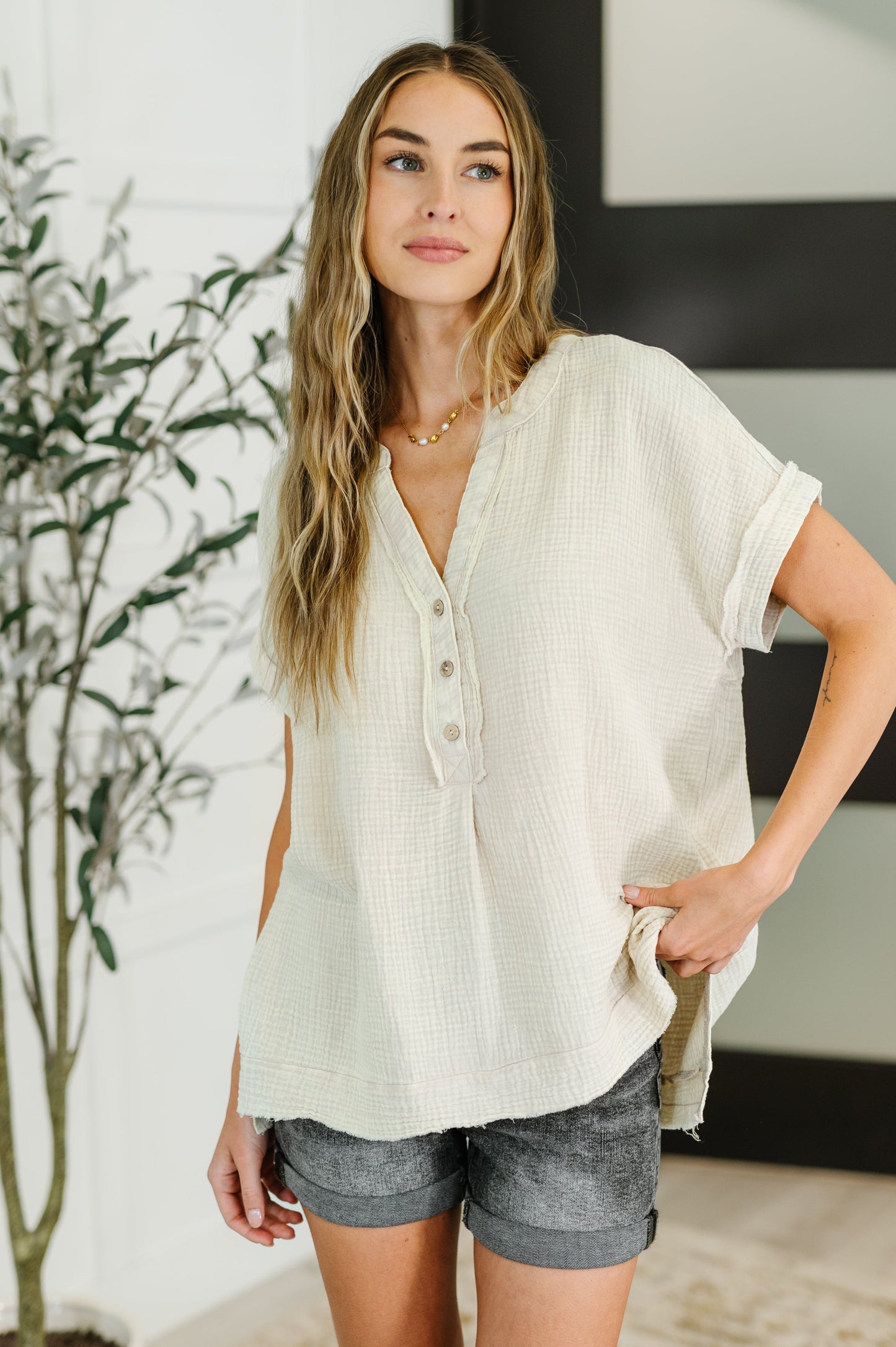 Basic Fade V-Neck Acid Wash Top in Sand Beige - Southern Divas Boutique