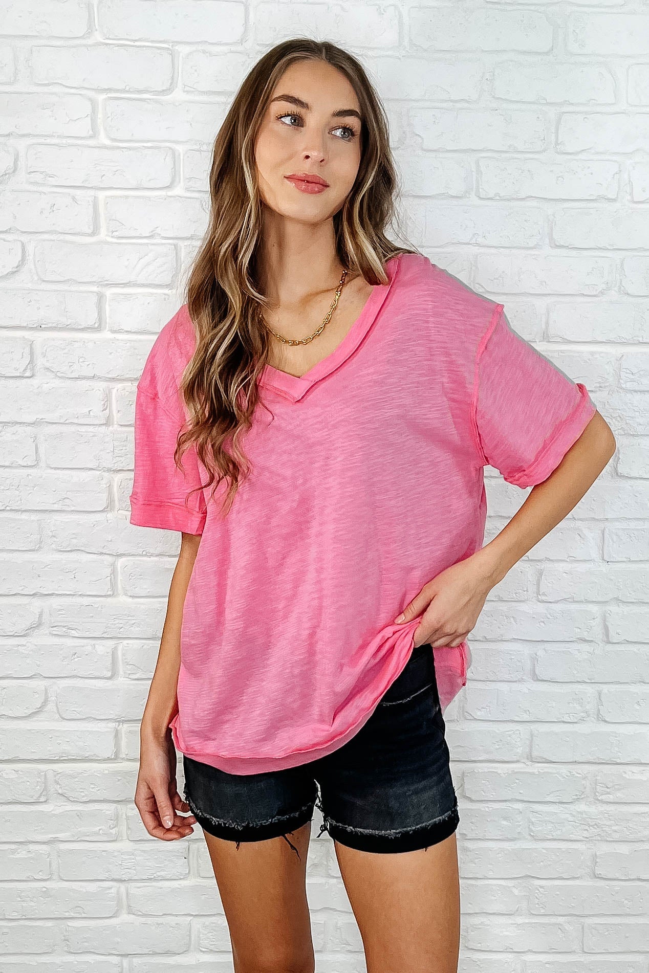 Basic Instinct Drop Shoulder V-Neck Tee in Pink - Southern Divas Boutique