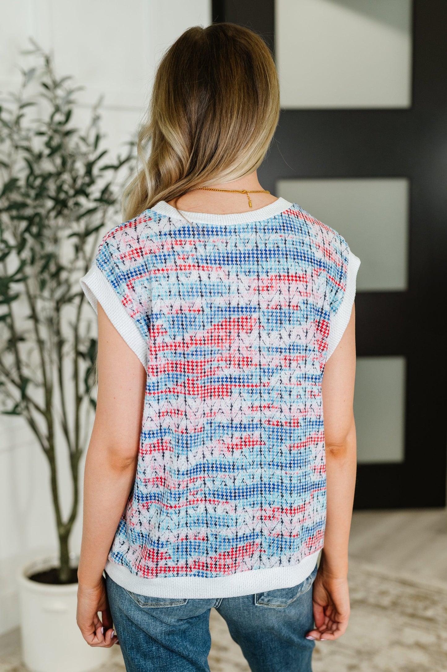 Blurred Beauty Textured Knit Top in Blue, Red and White - Southern Divas Boutique