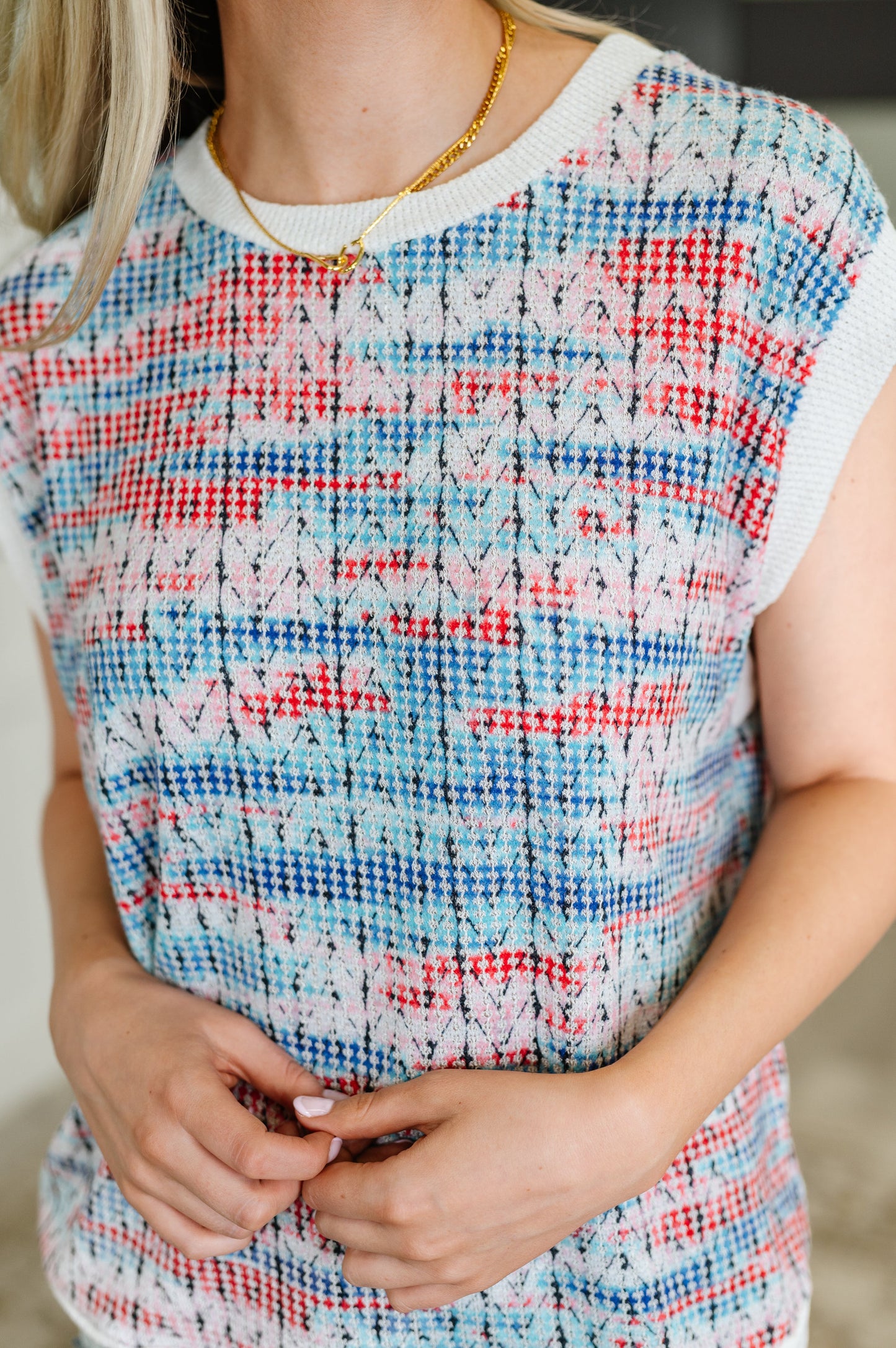 Blurred Beauty Textured Knit Top in Blue, Red and White - Southern Divas Boutique