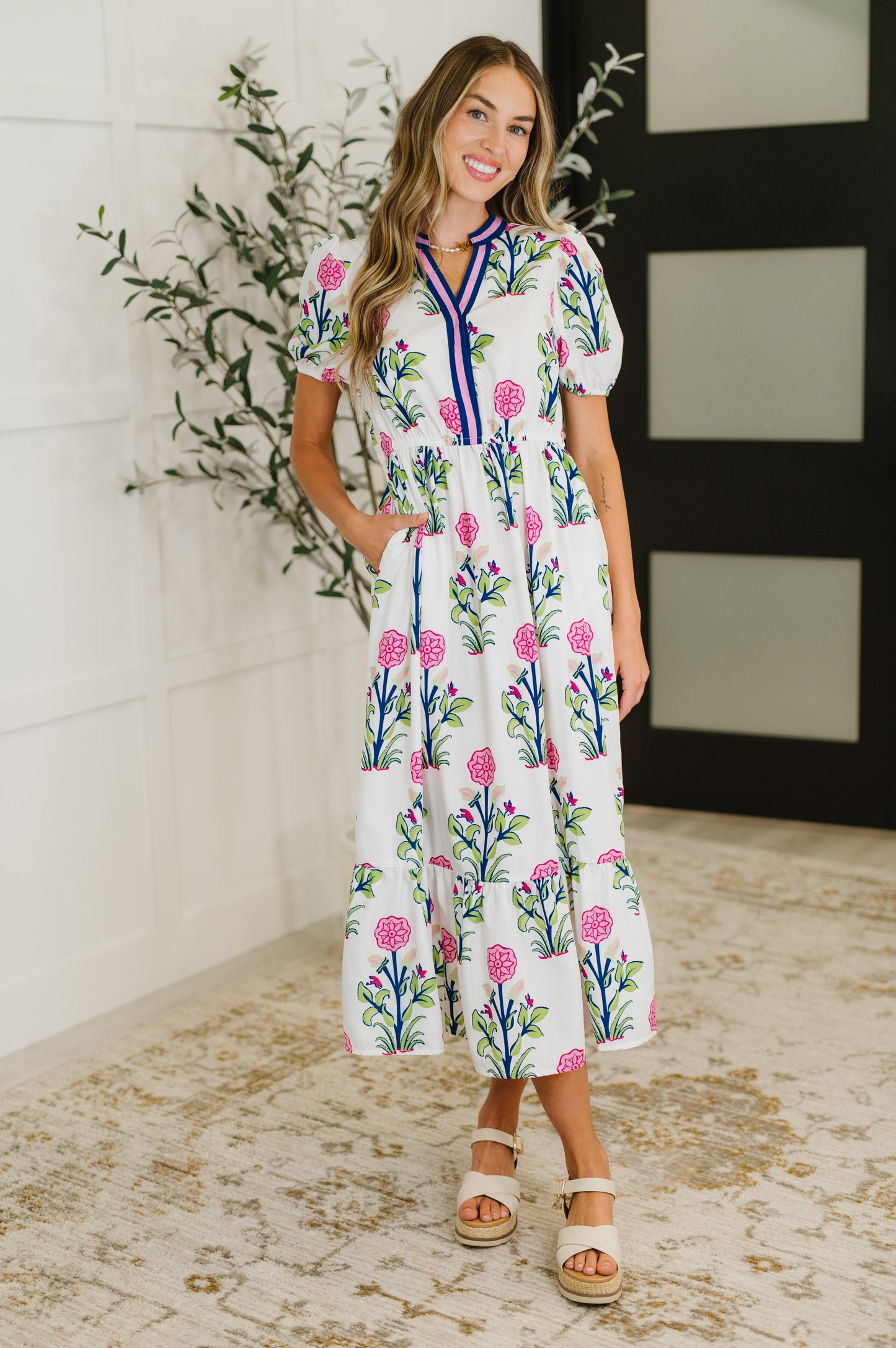 PREORDER: Boho V-Neck Balloon Sleeve Dress in Floral Print - Southern Divas Boutique