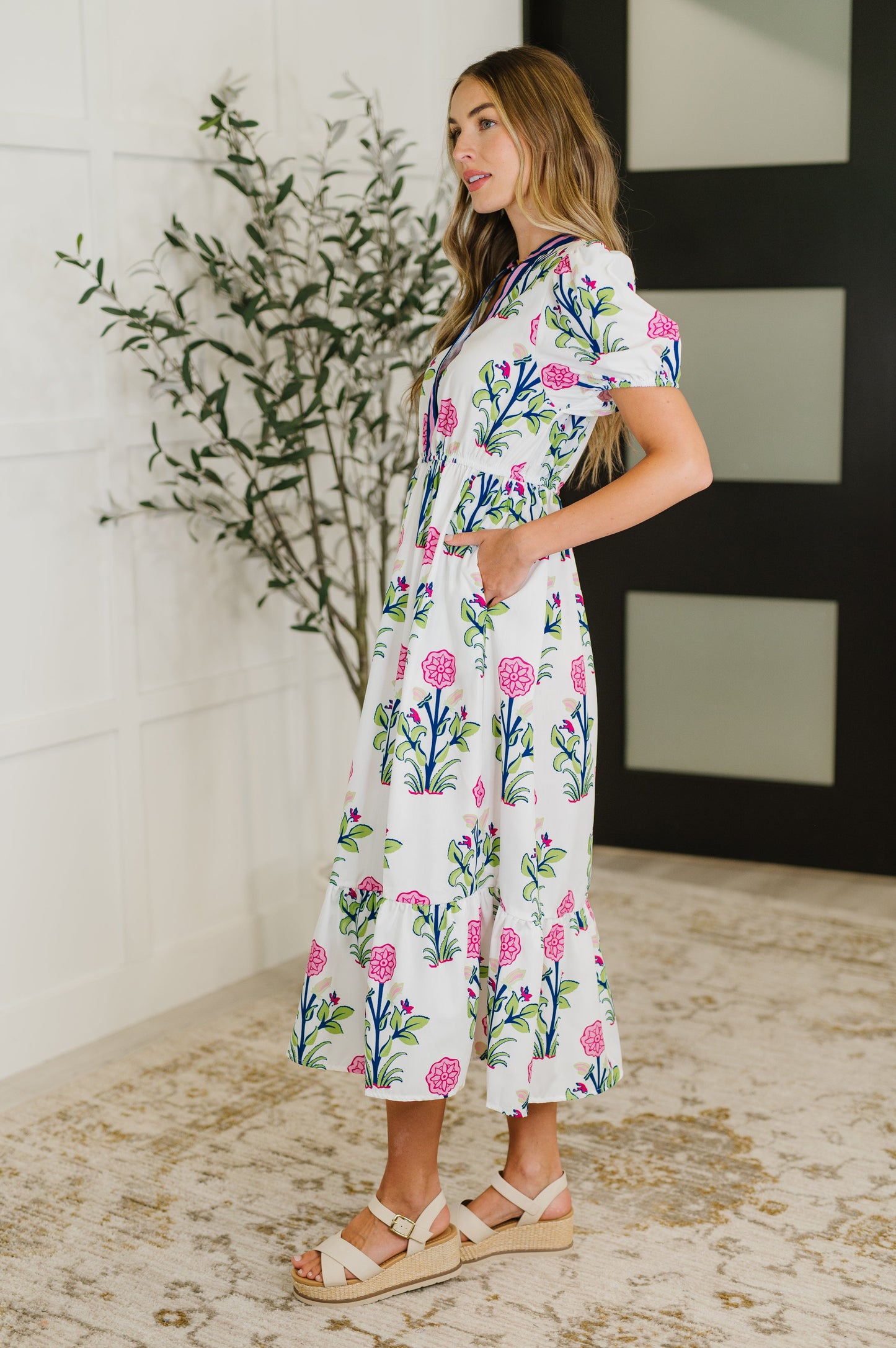 PREORDER: Boho V-Neck Balloon Sleeve Dress in Floral Print - Southern Divas Boutique
