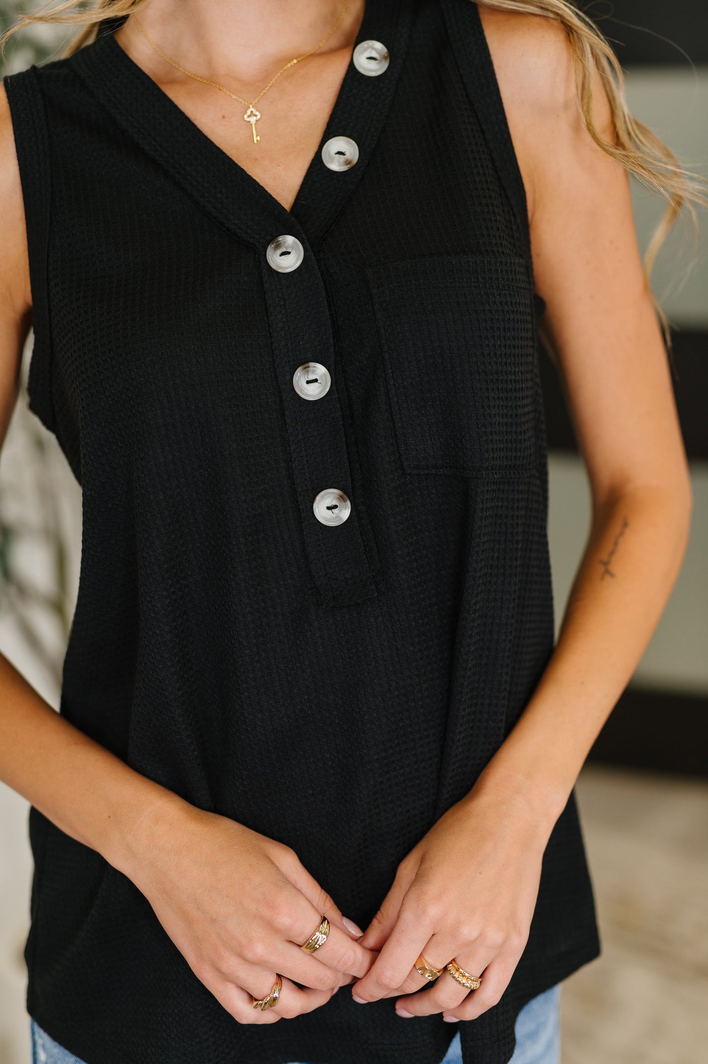 Buttoned Up Buttercup Sleeveless Top in Black - Southern Divas Boutique