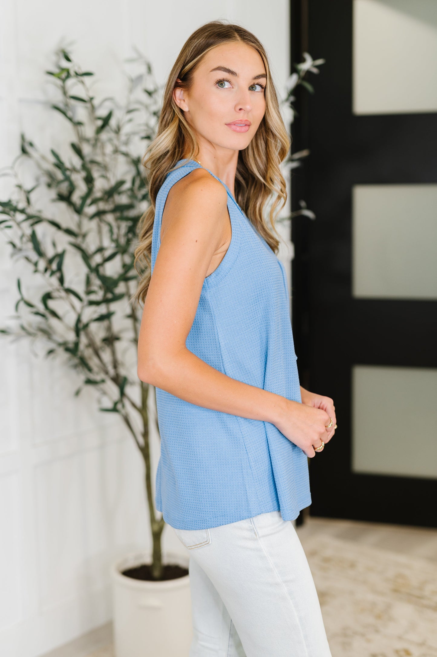 Buttoned Up Buttercup Sleeveless Top in Ocean Blue - Southern Divas Boutique
