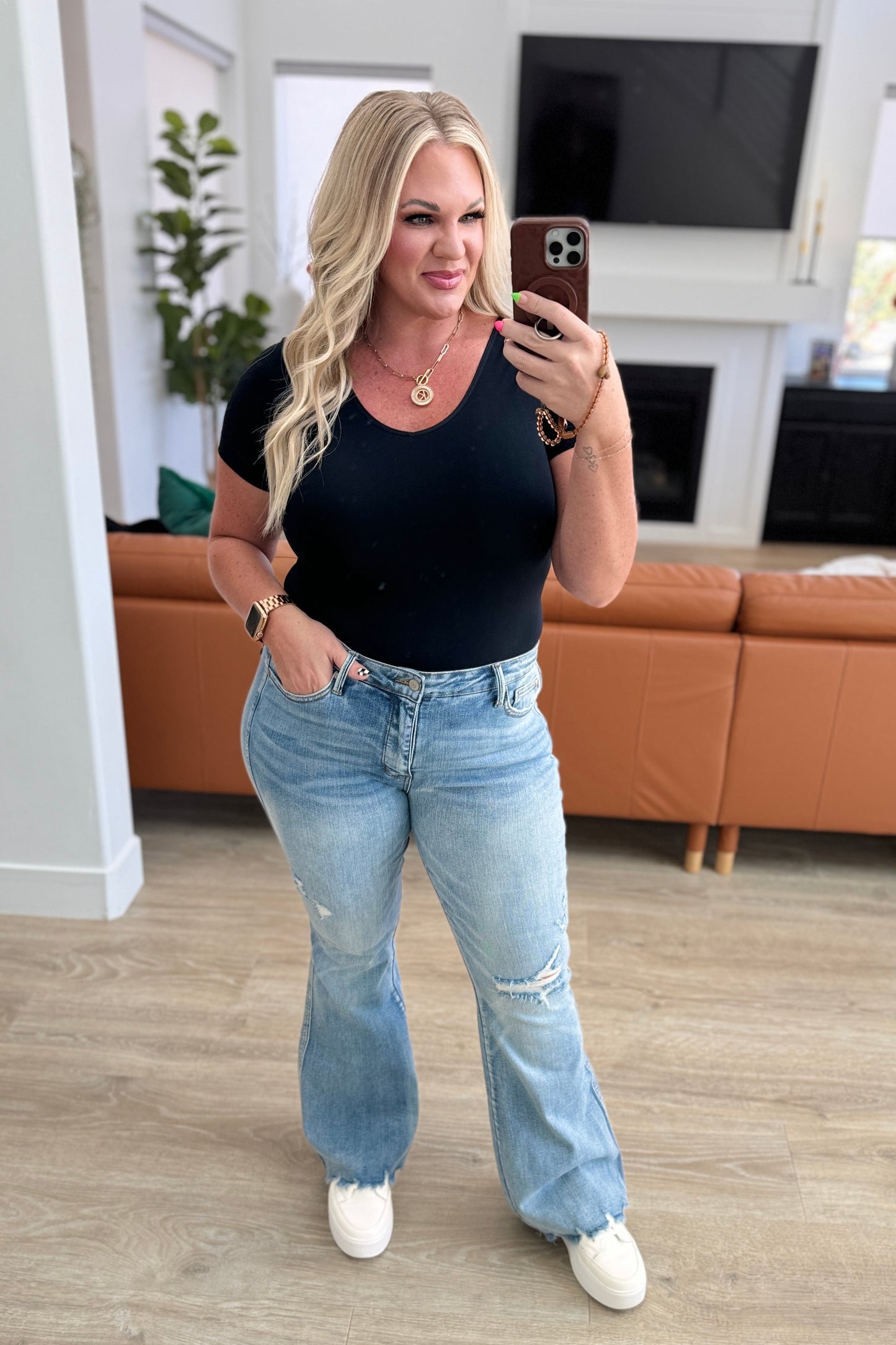 Caroline Mid Rise Control Top Distressed Flare Jeans - Southern Divas Boutique