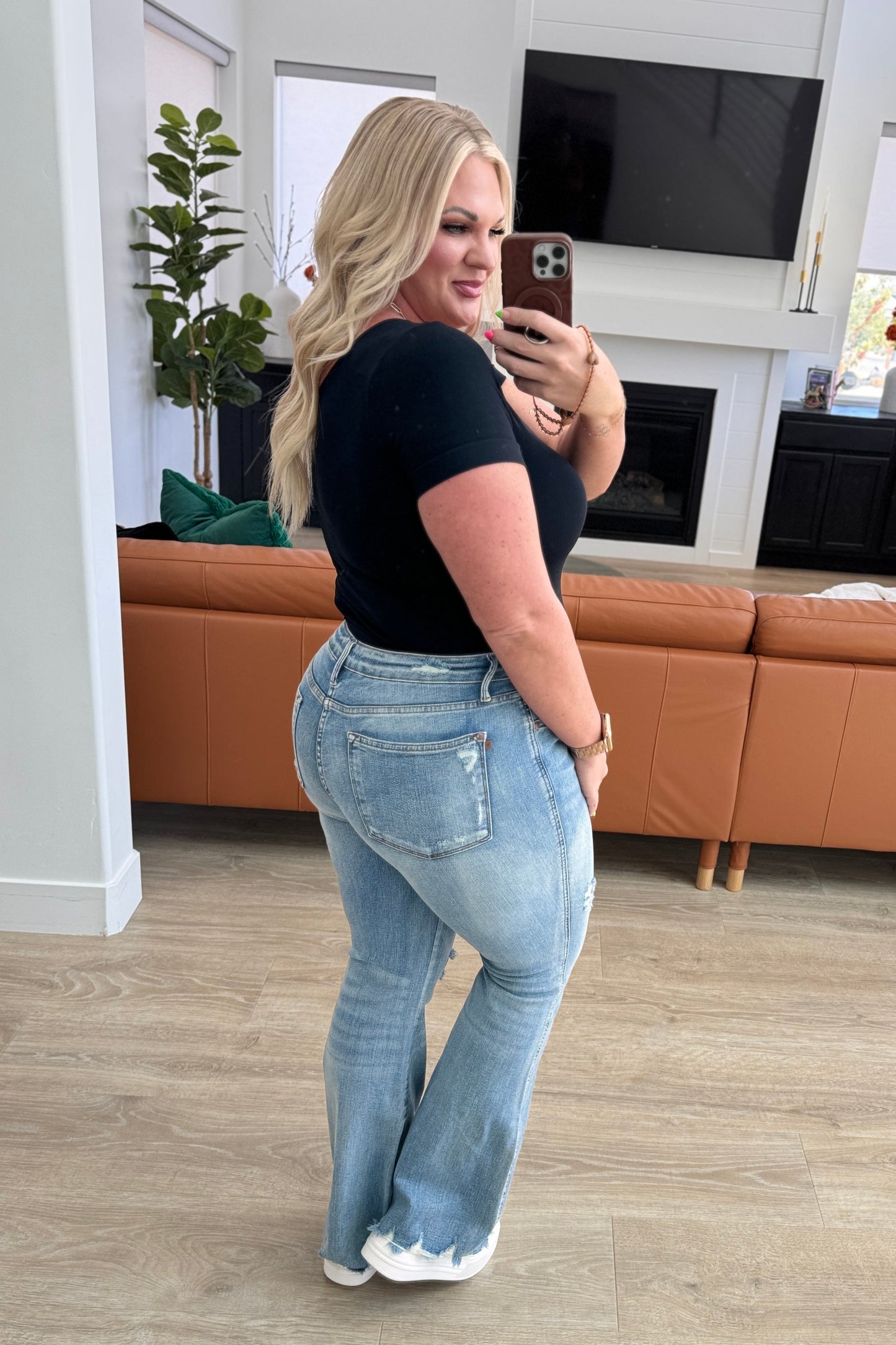 Caroline Mid Rise Control Top Distressed Flare Jeans - Southern Divas Boutique