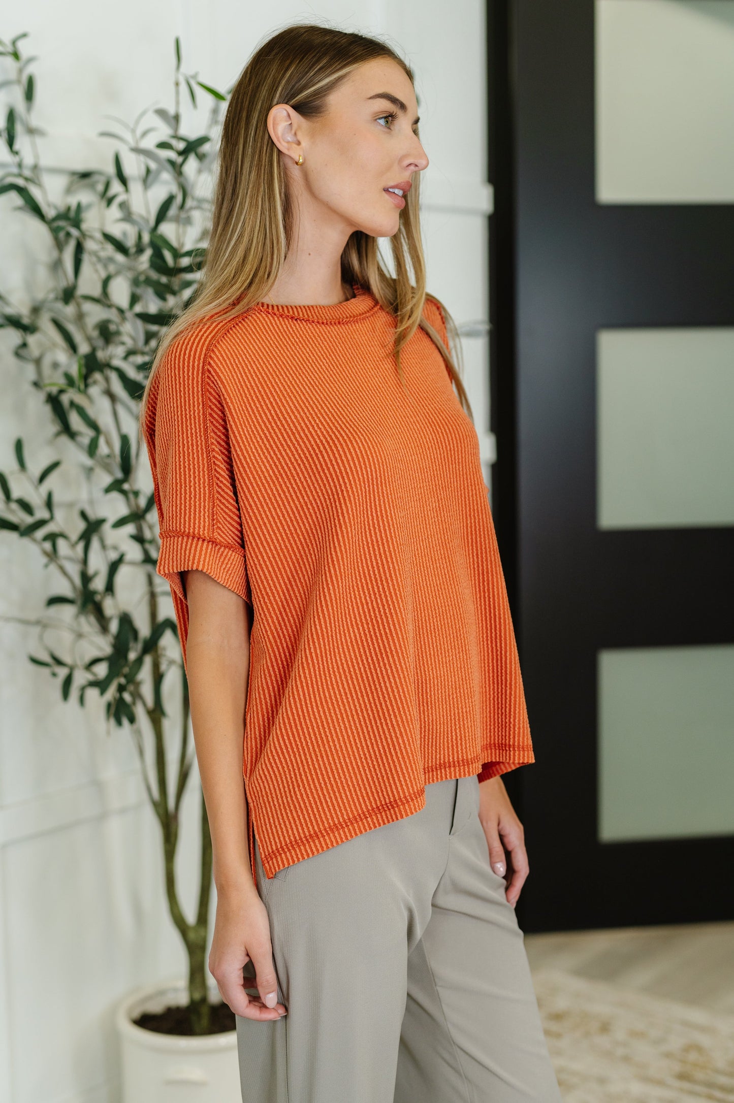 Catch Me Loungin’ Cable Ribbed Knit Top in Burnt Orange - Southern Divas Boutique