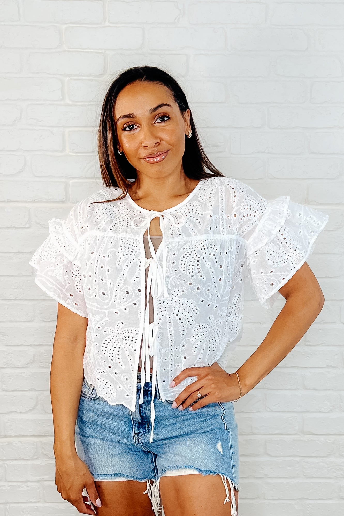 Classy As Heck Eyelet Front Tie Top in Off White - Southern Divas Boutique