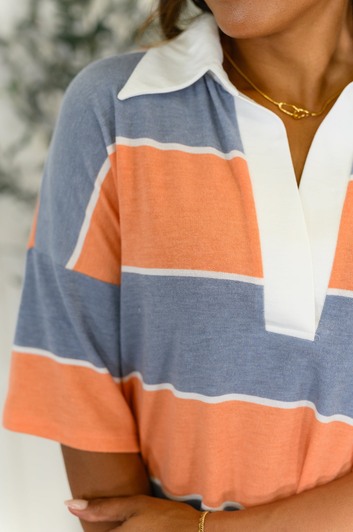 Cloudbound Collared Casual Top in Orange and Denim - Southern Divas Boutique