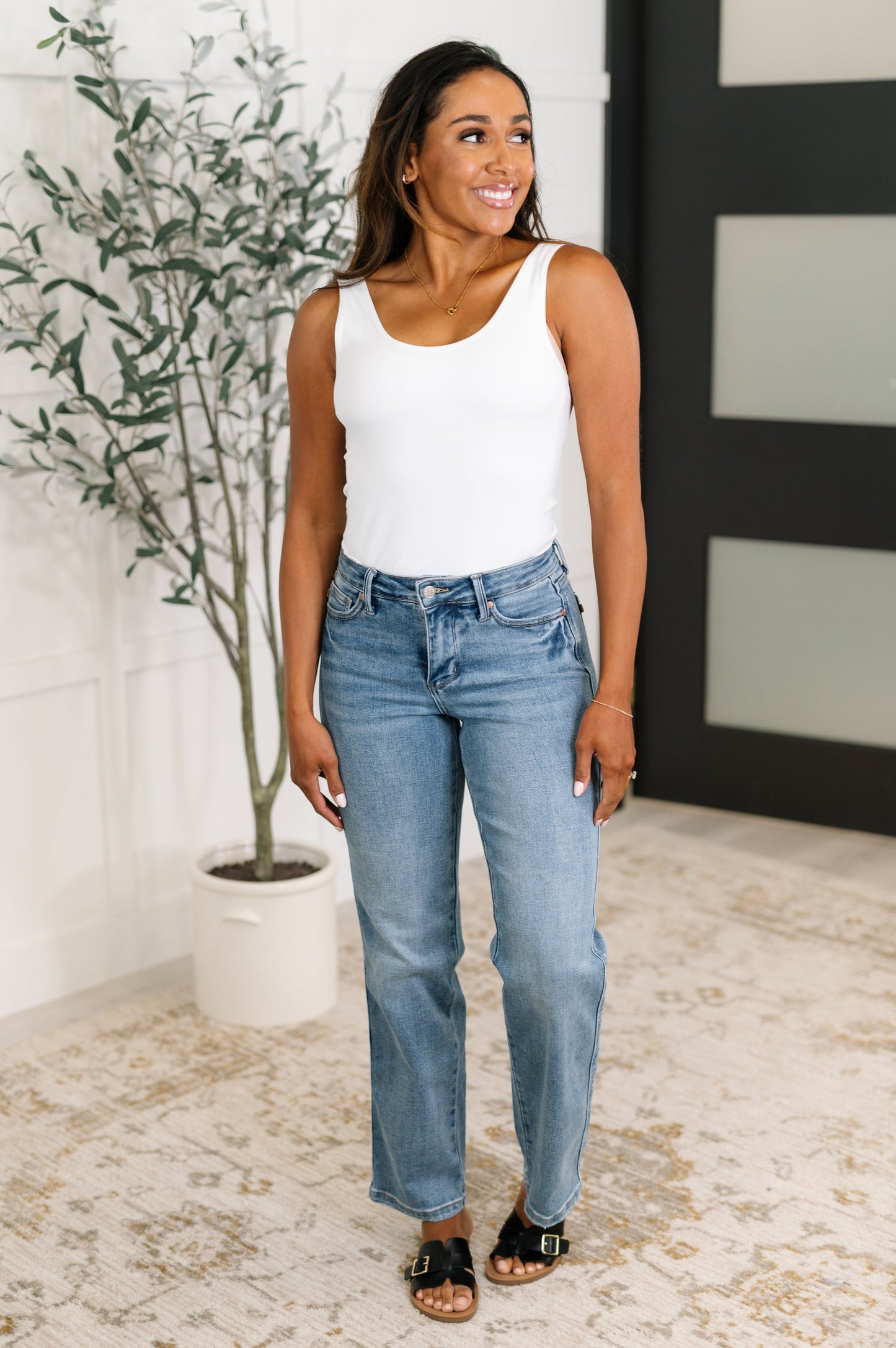 Corrine Mid Rise Control Top Vintage Straight Jeans - Southern Divas Boutique