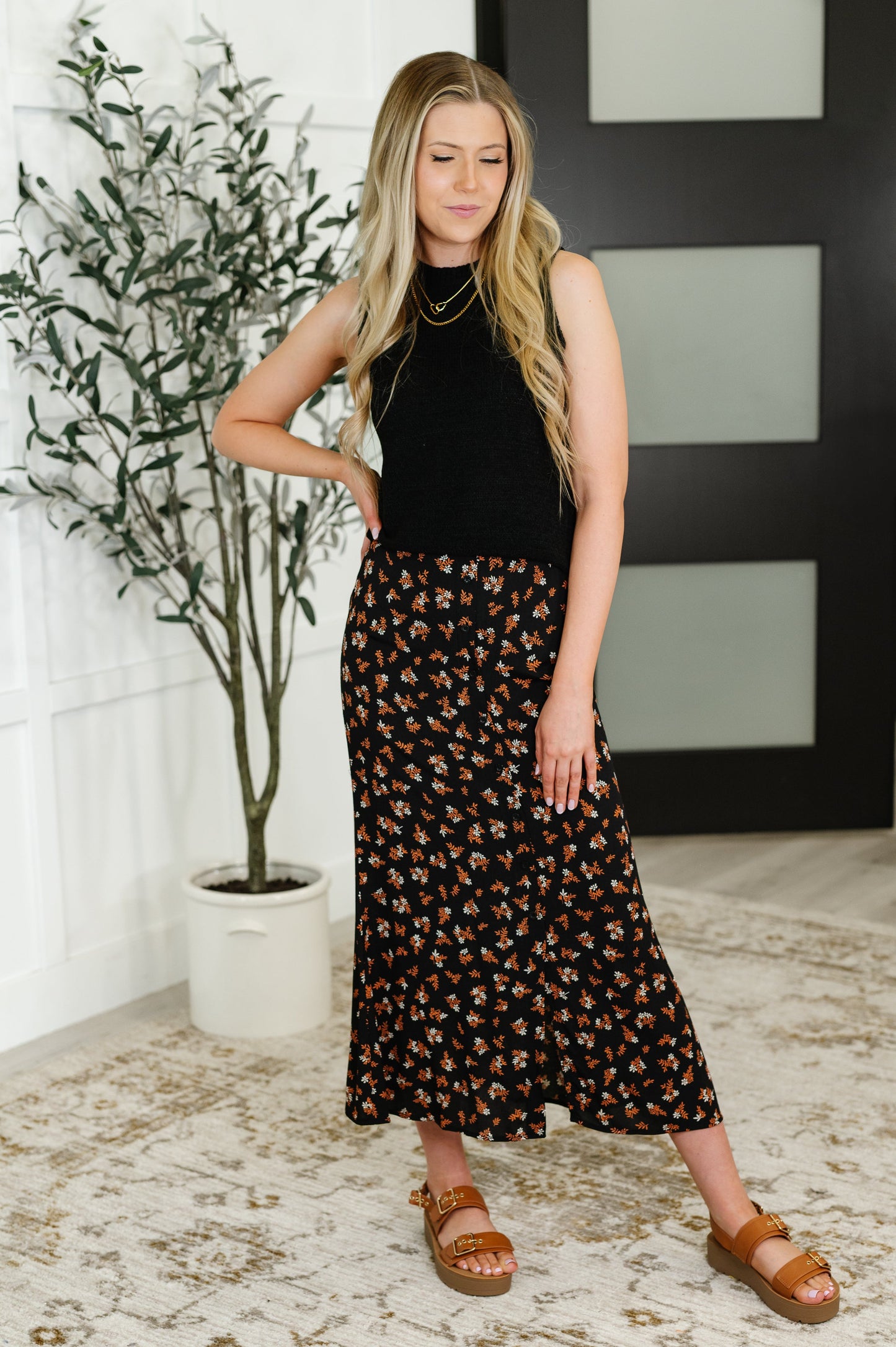 Crisp Kiss Midi Skirt in Rust, White and Black - Southern Divas Boutique