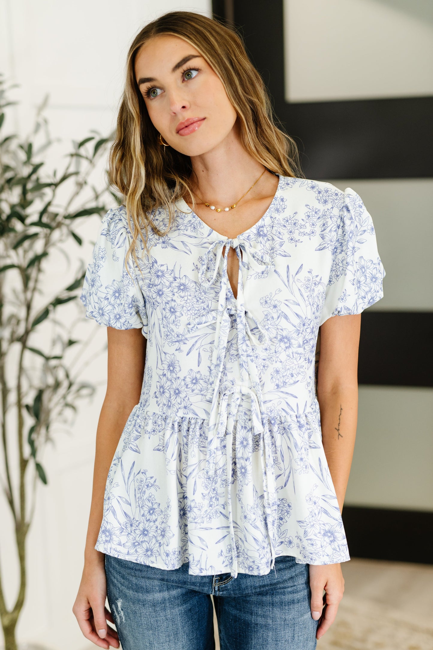 Dainty Lil' Thing Balloon Sleeve Blouse in Ivory/Blue - Southern Divas Boutique