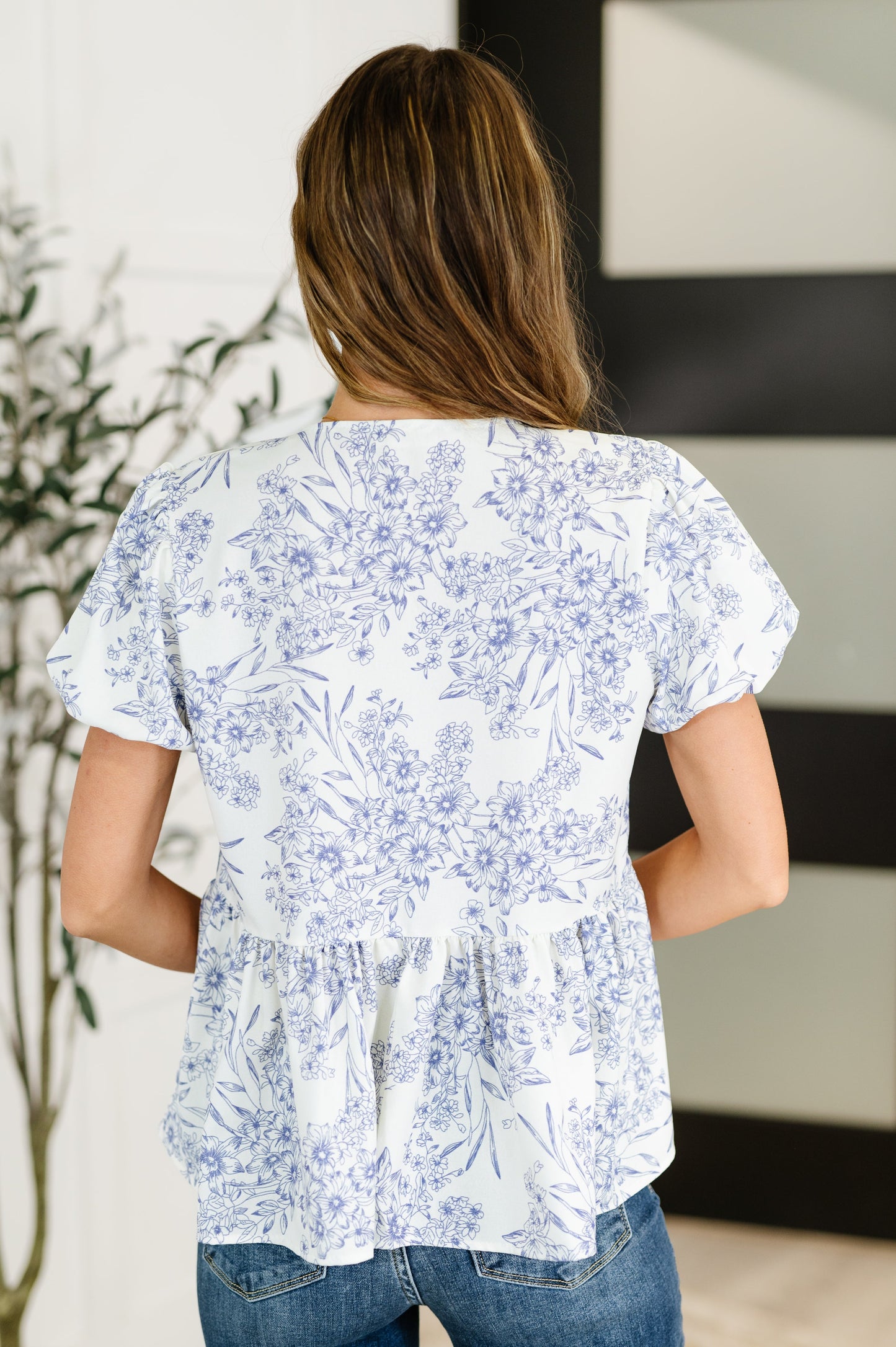 Dainty Lil' Thing Balloon Sleeve Blouse in Ivory/Blue - Southern Divas Boutique
