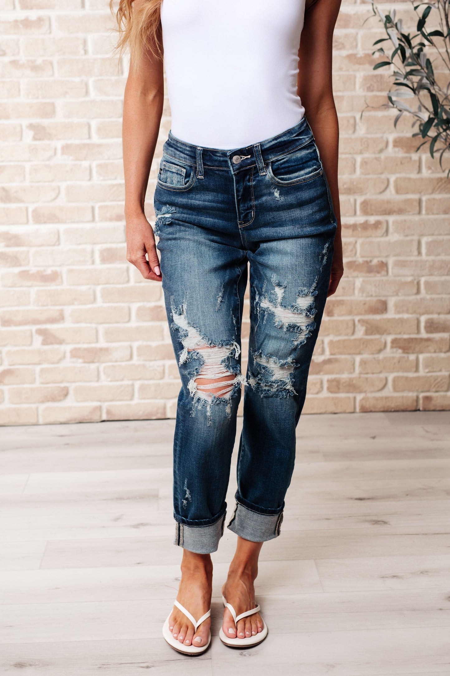 Danny Mid Rise Cuffed Destroy Boyfriend - Southern Divas Boutique