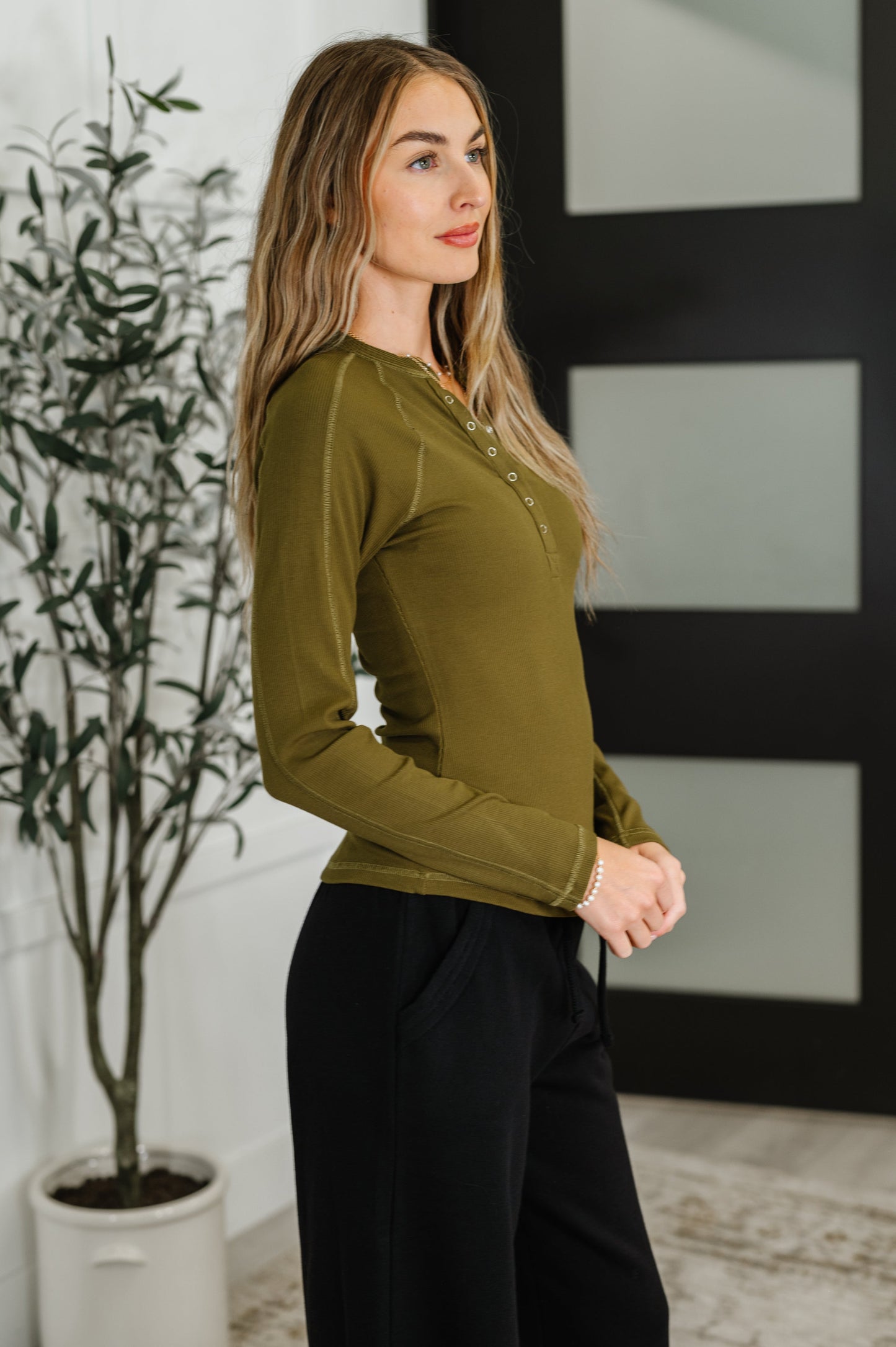 Effortless Edge Knit Henley Top in Camo Green - Southern Divas Boutique