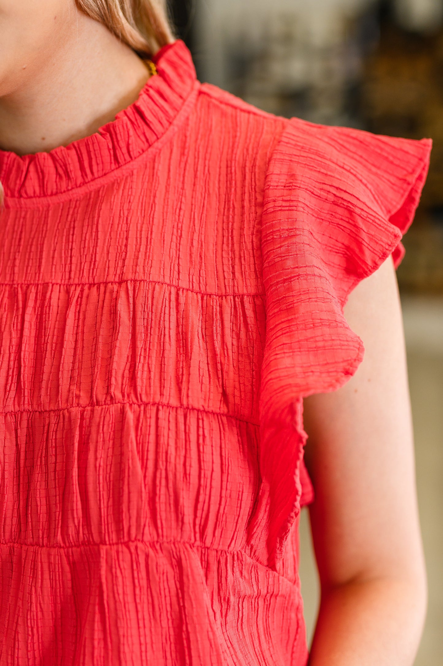 Float This Way Flutter Sleeve Blouse in Coral - Southern Divas Boutique