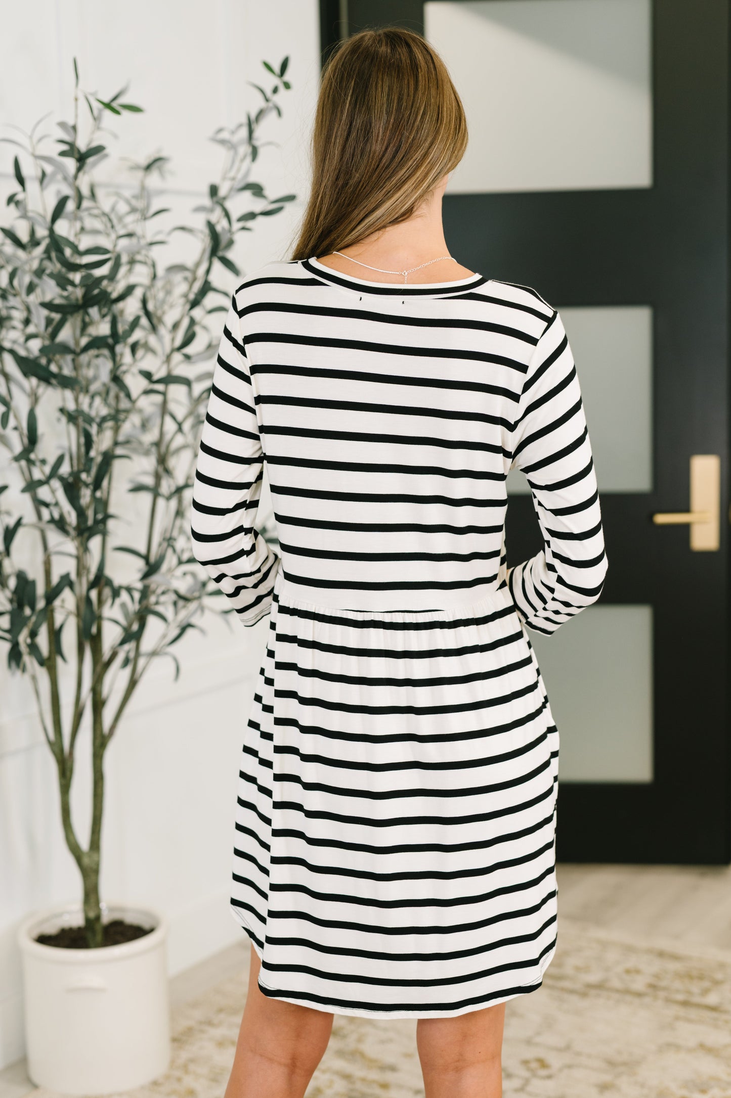 Haute Mess Scooped Hem Casual Dress in Black and White Striped - Southern Divas Boutique