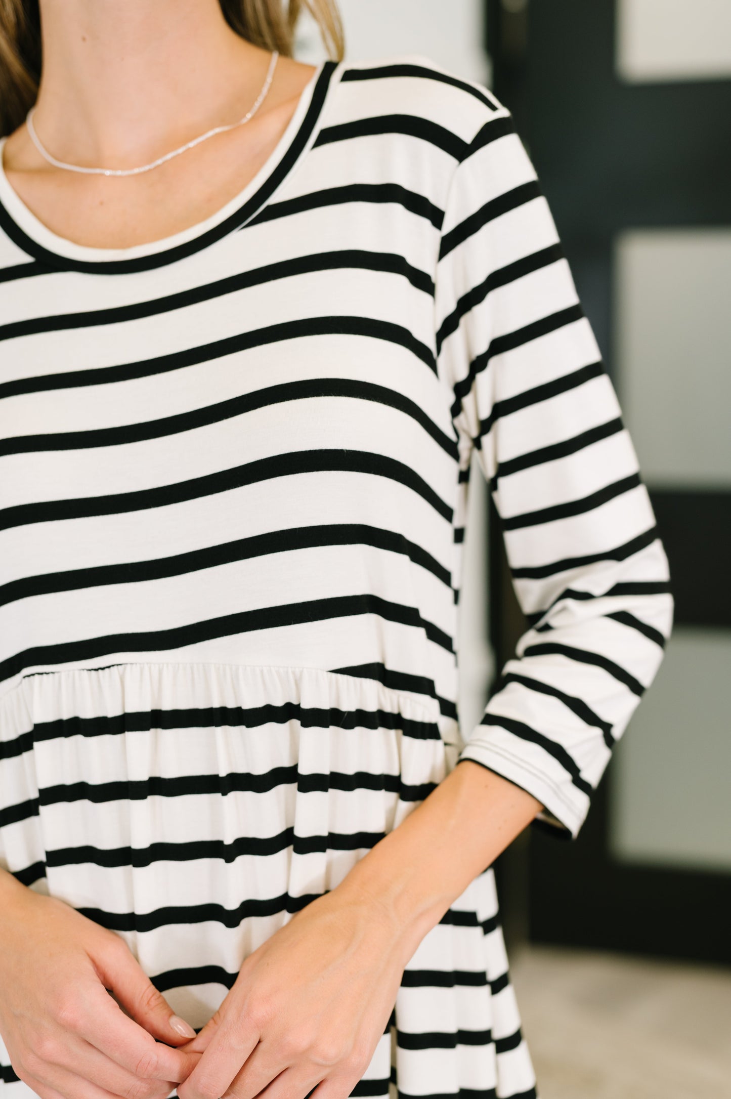 Haute Mess Scooped Hem Casual Dress in Black and White Striped - Southern Divas Boutique