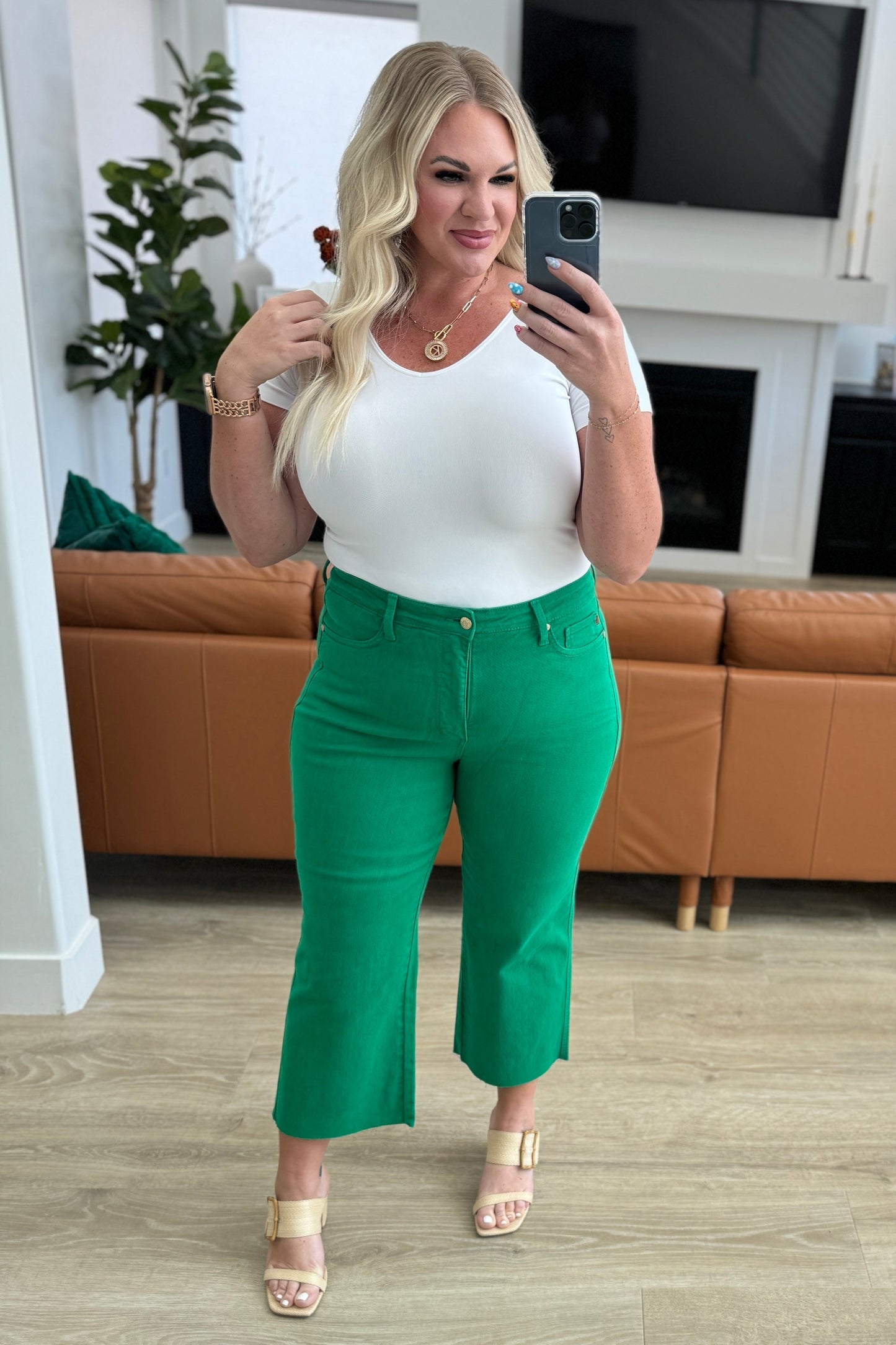 Lisa High Rise Control Top Wide Leg Crop Jeans in Kelly Green - Southern Divas Boutique