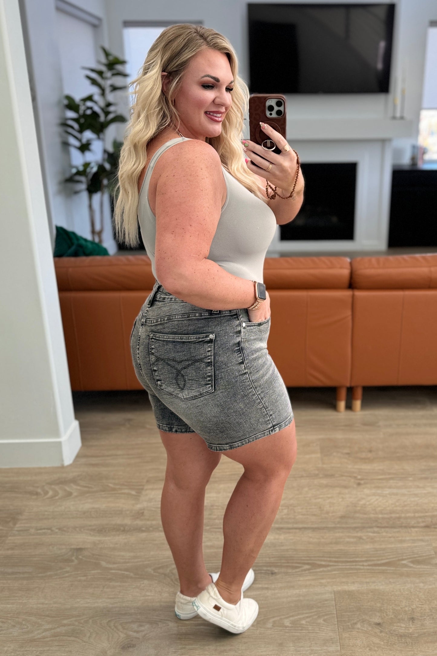 Greyson High Rise Button Fly Cuffed Shorts in Grey - Southern Divas Boutique