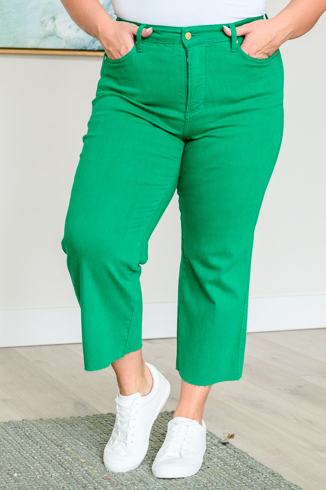 Lisa High Rise Control Top Wide Leg Crop Jeans in Kelly Green - Southern Divas Boutique