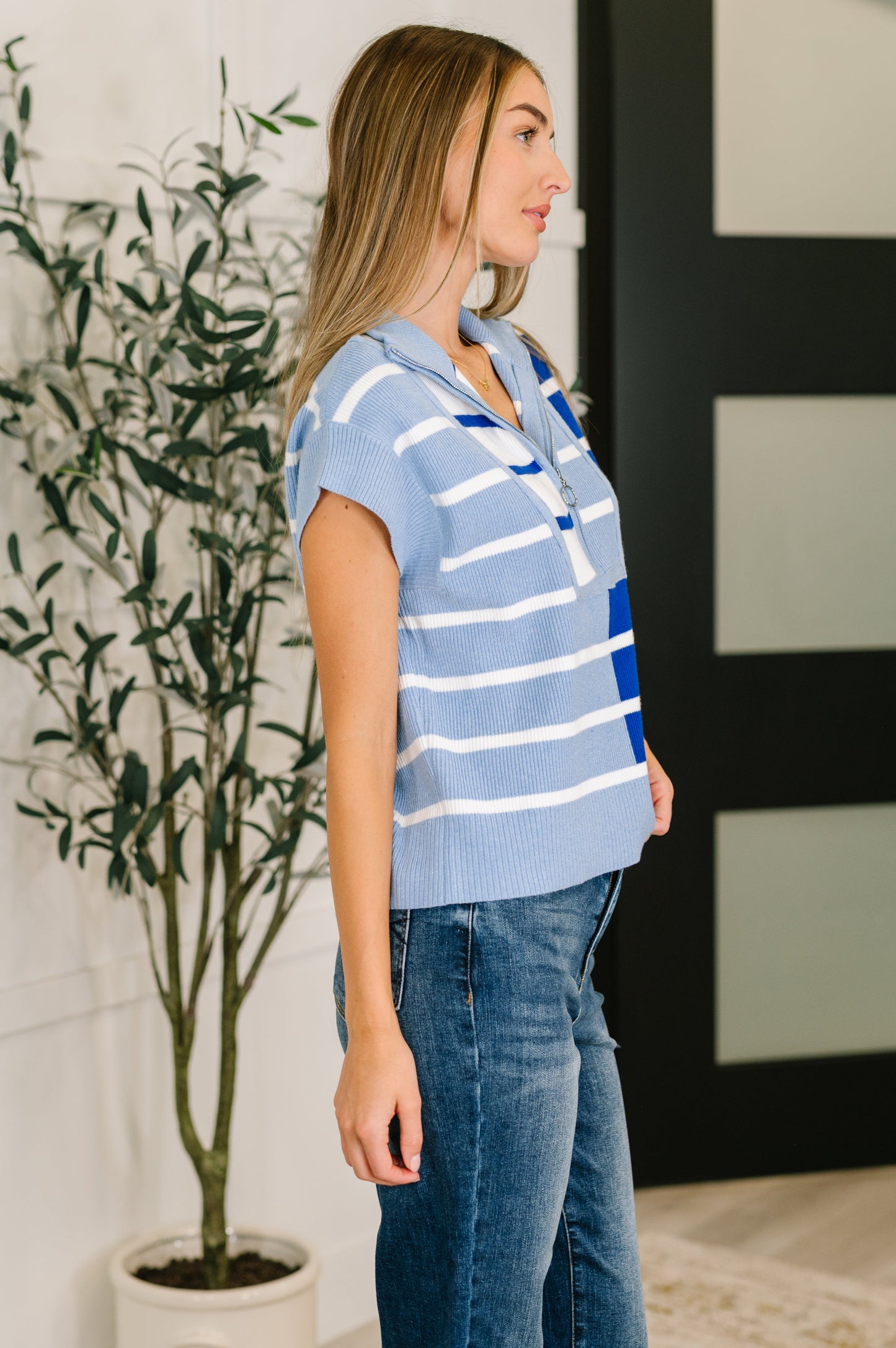 Lonely Traveler Striped Quarter Zip Vest in Blue - Southern Divas Boutique