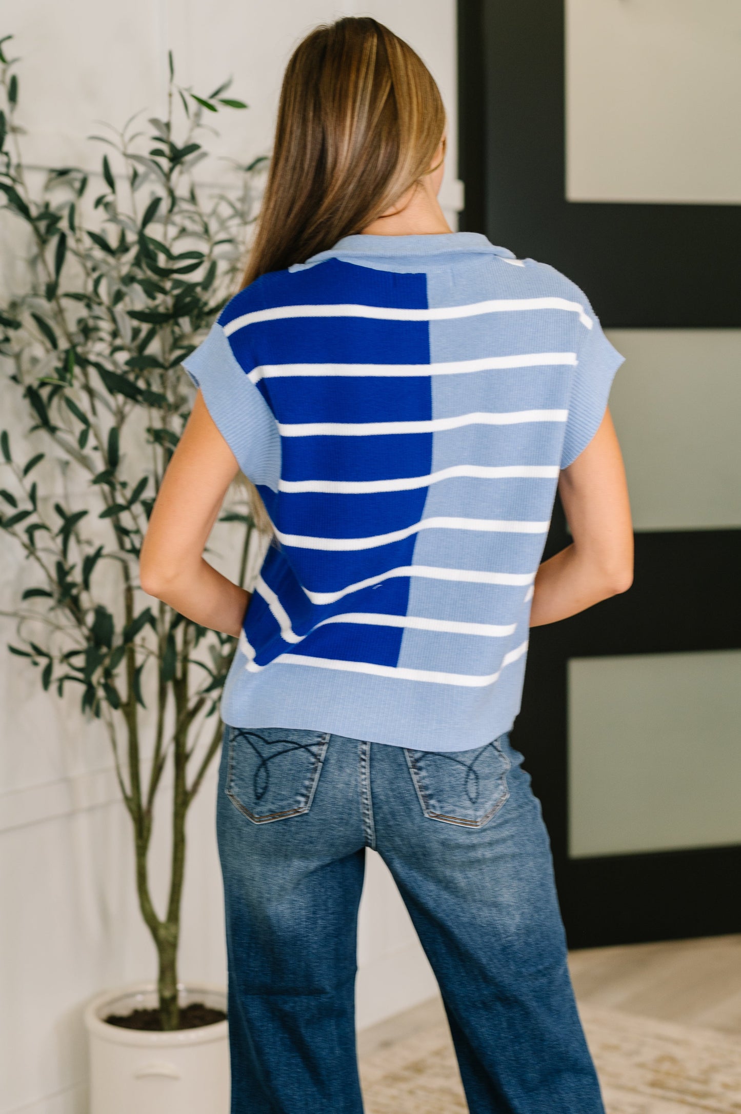 Lonely Traveler Striped Quarter Zip Vest in Blue - Southern Divas Boutique