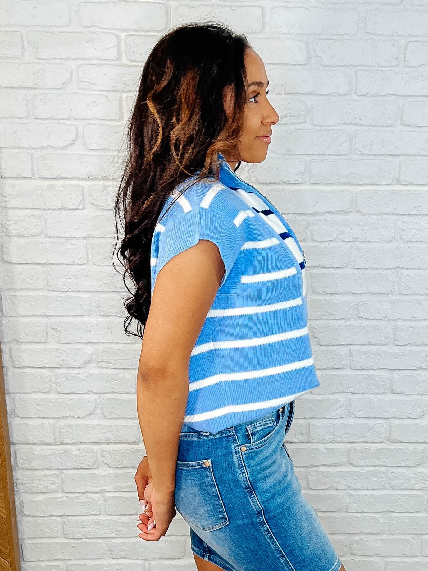 Lonely Traveler Striped Quarter Zip Vest in Blue - Southern Divas Boutique