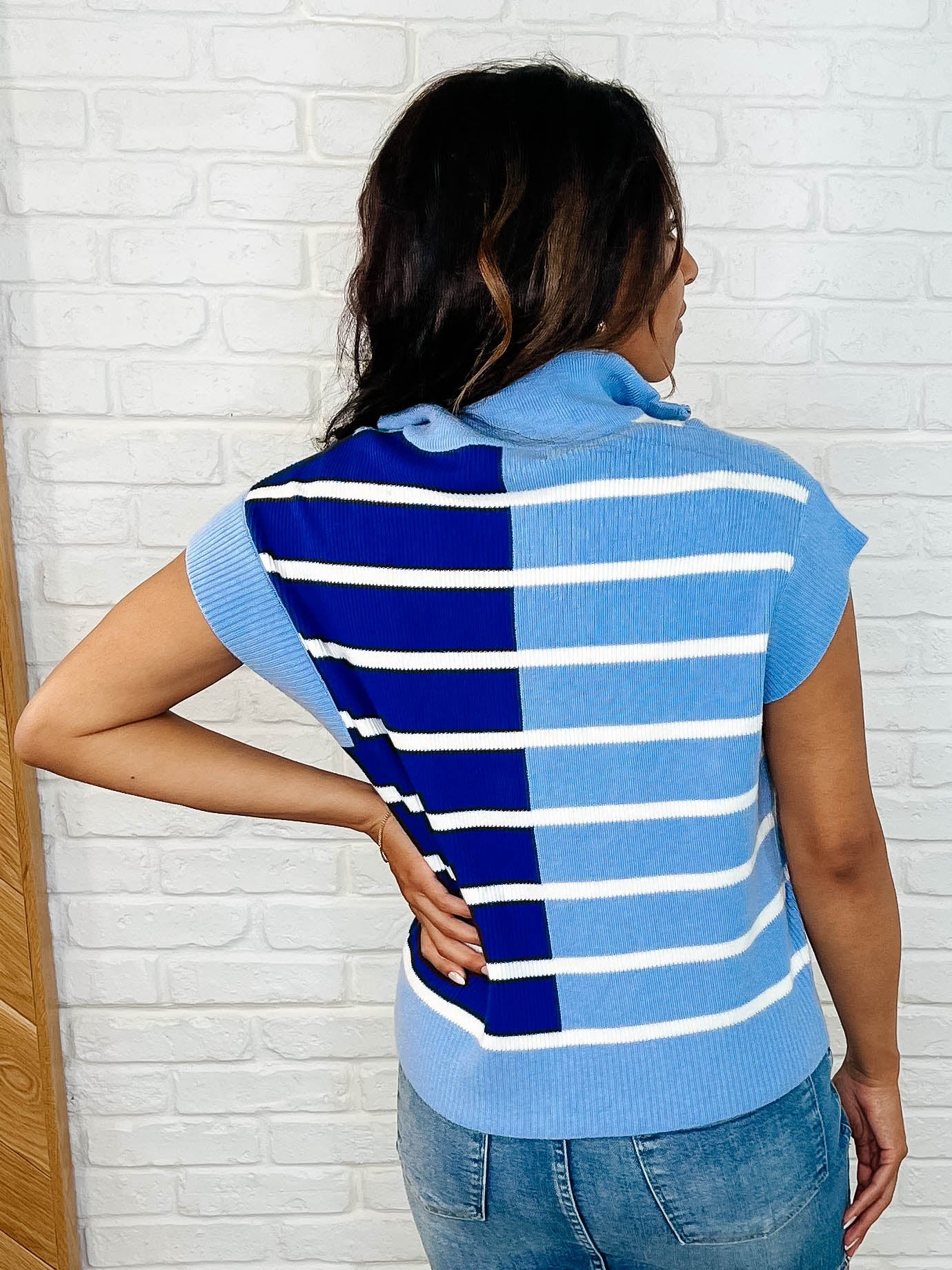Lonely Traveler Striped Quarter Zip Vest in Blue - Southern Divas Boutique