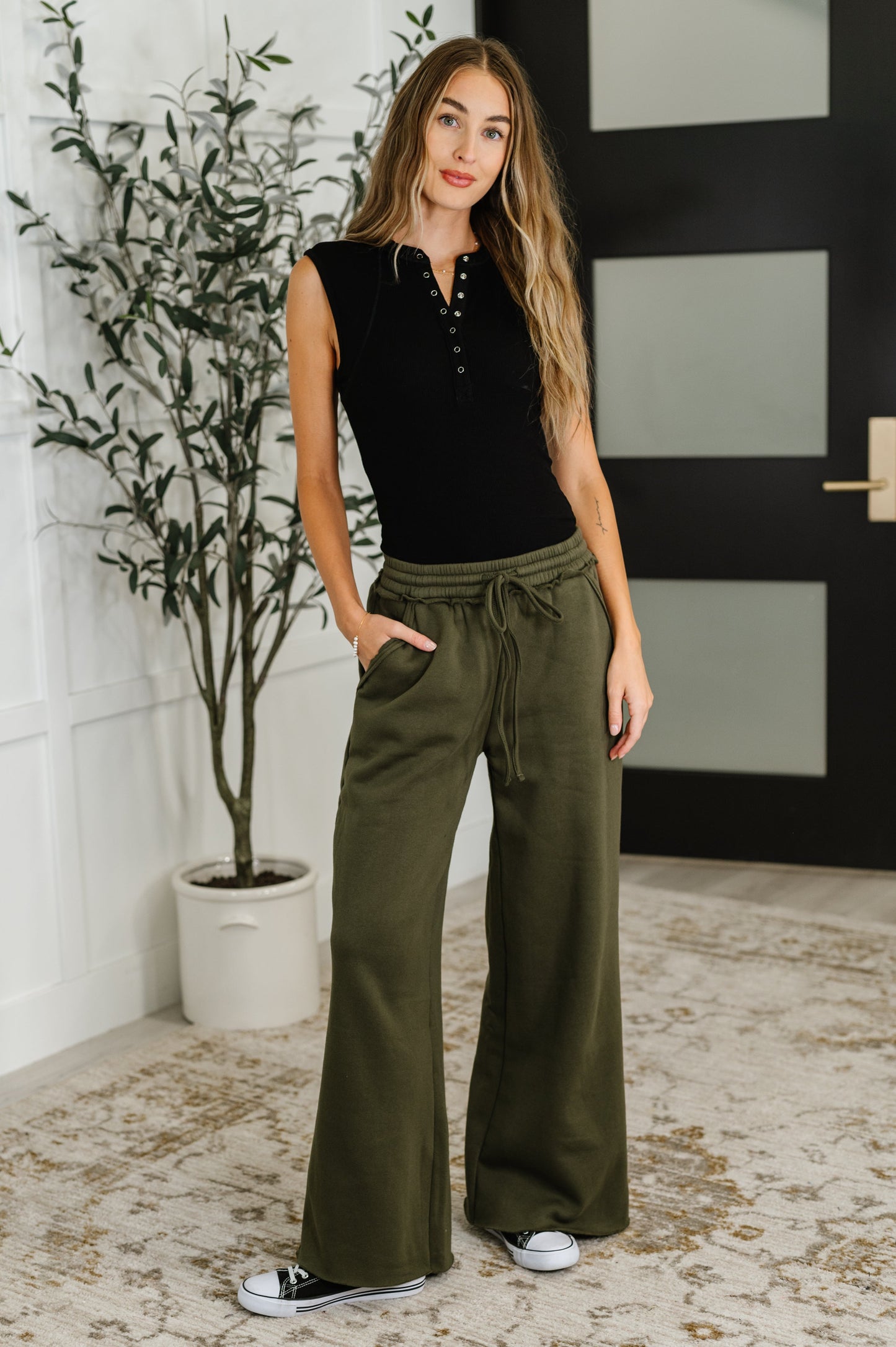 Lounge Line Wide Leg Sweats in Dark Olive - Southern Divas Boutique
