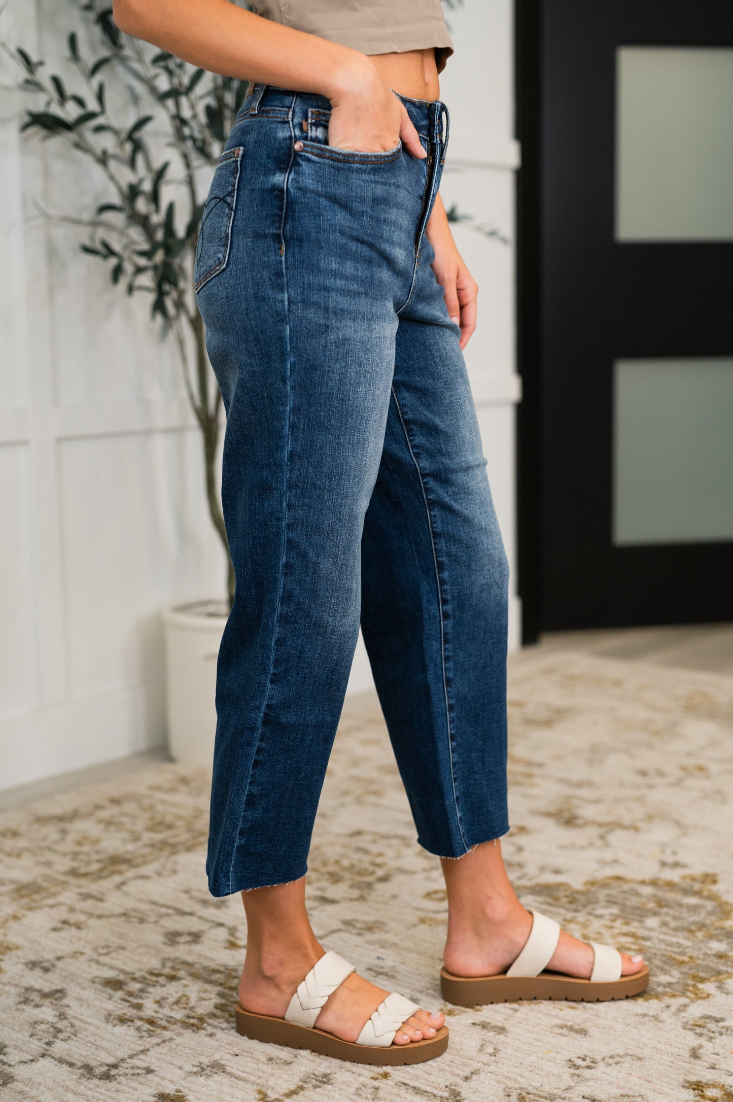 Maisie High Waist Back Pocket Embroidery Crop Wide - Southern Divas Boutique