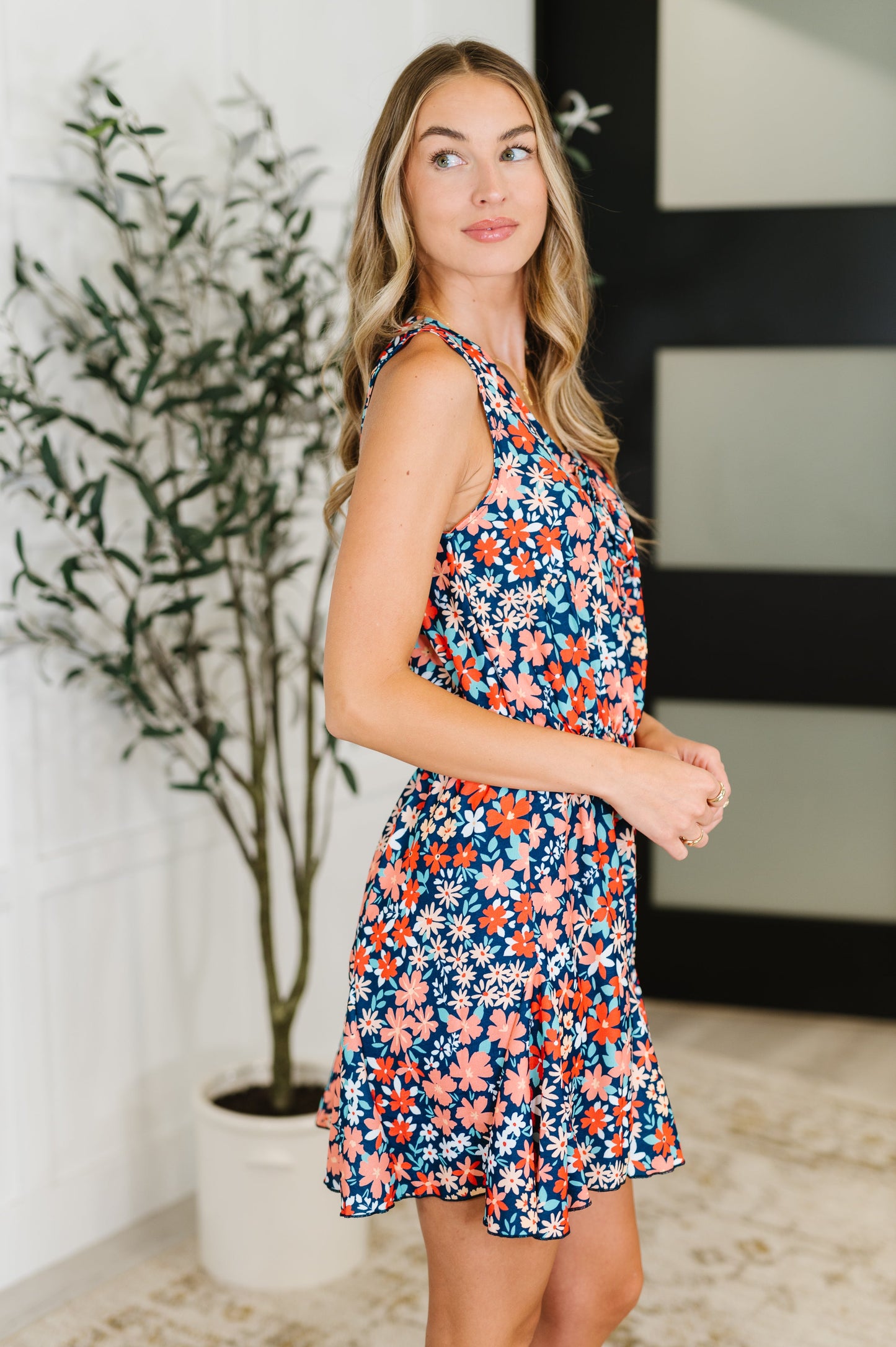Meadow Mischief Sleeveless Dress in Navy/Orange/Teal - Southern Divas Boutique