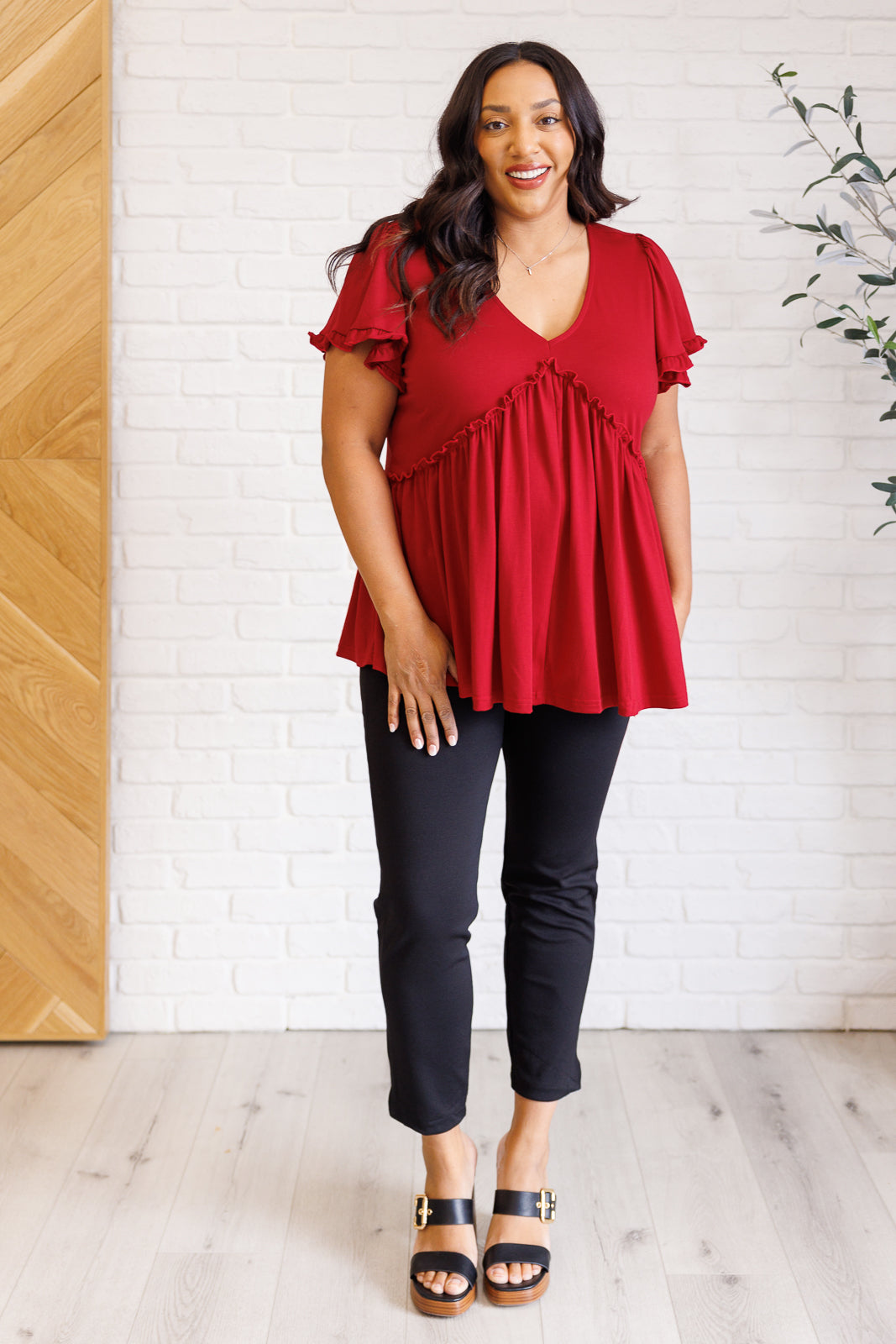 One Day Soon V-Neck Ruffle Detail Top - Southern Divas Boutique