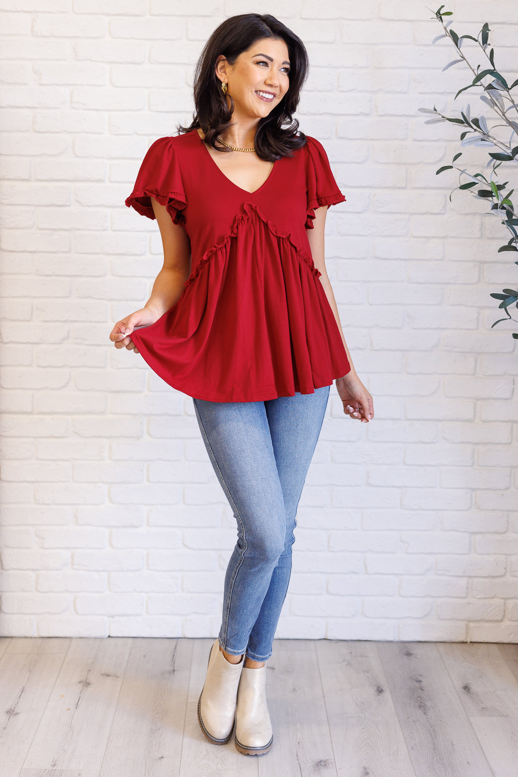 One Day Soon V-Neck Ruffle Detail Top - Southern Divas Boutique