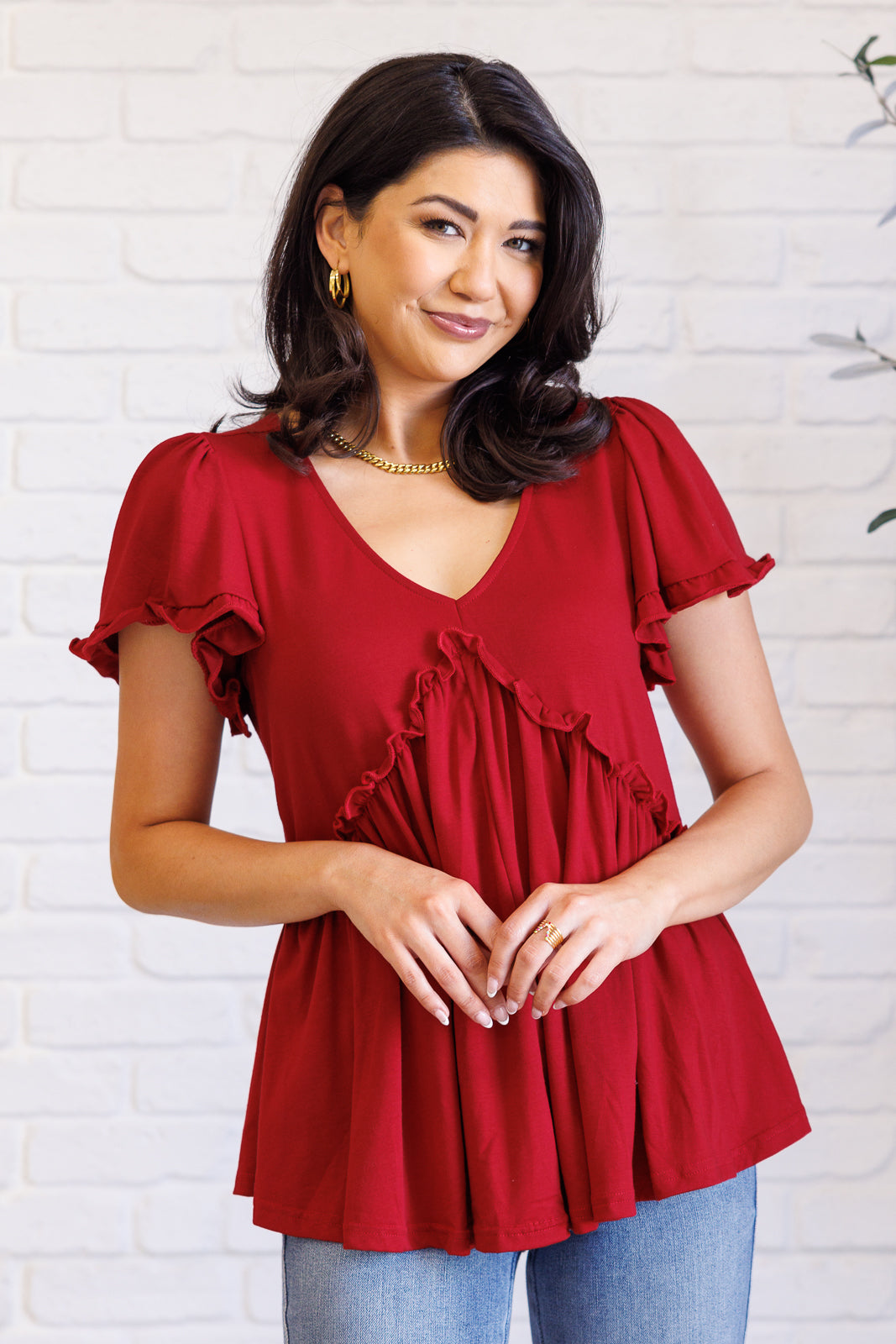 One Day Soon V-Neck Ruffle Detail Top - Southern Divas Boutique