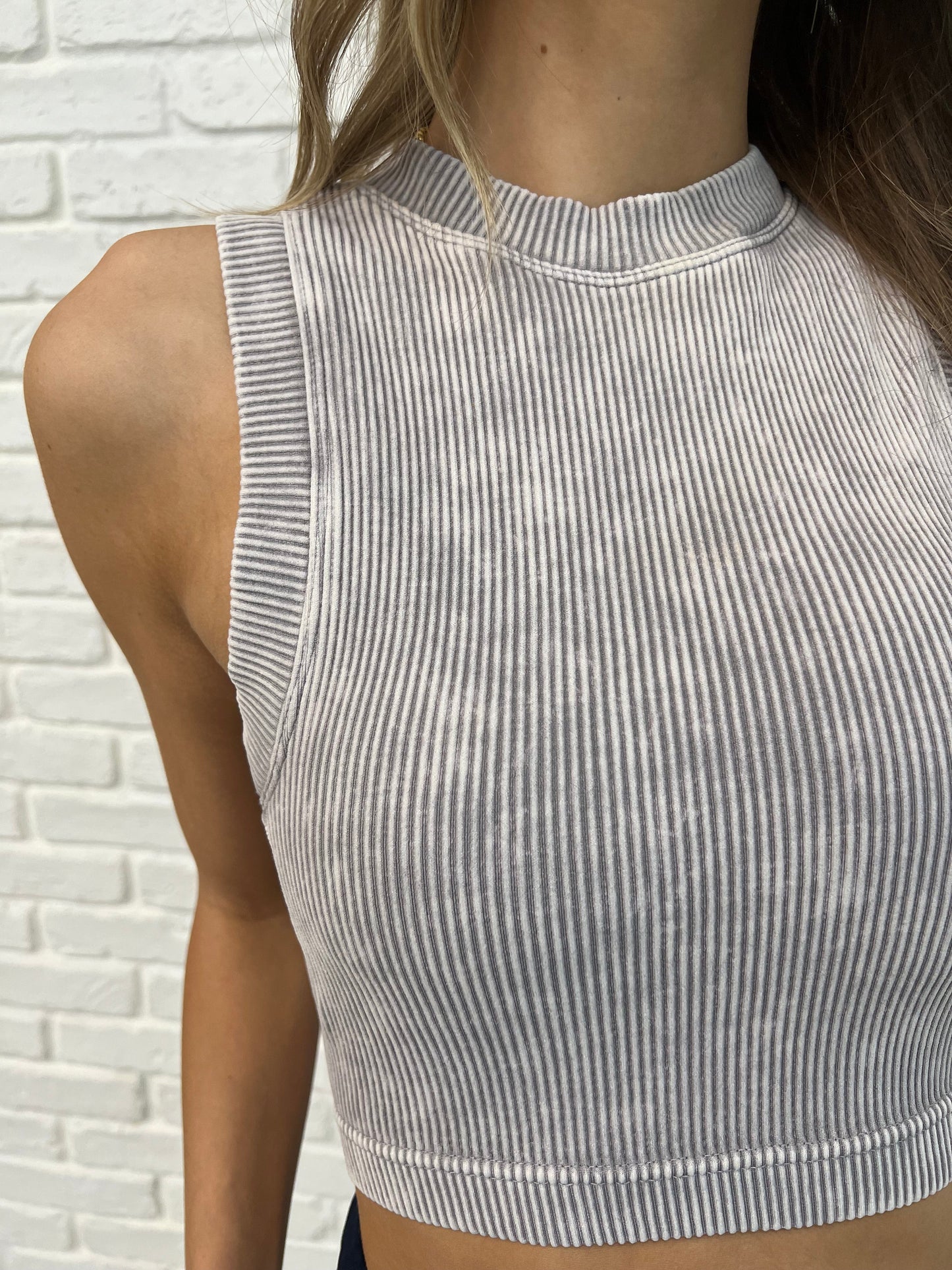 Over and Out Cropped Ribbed Tank in Sleet - Southern Divas Boutique