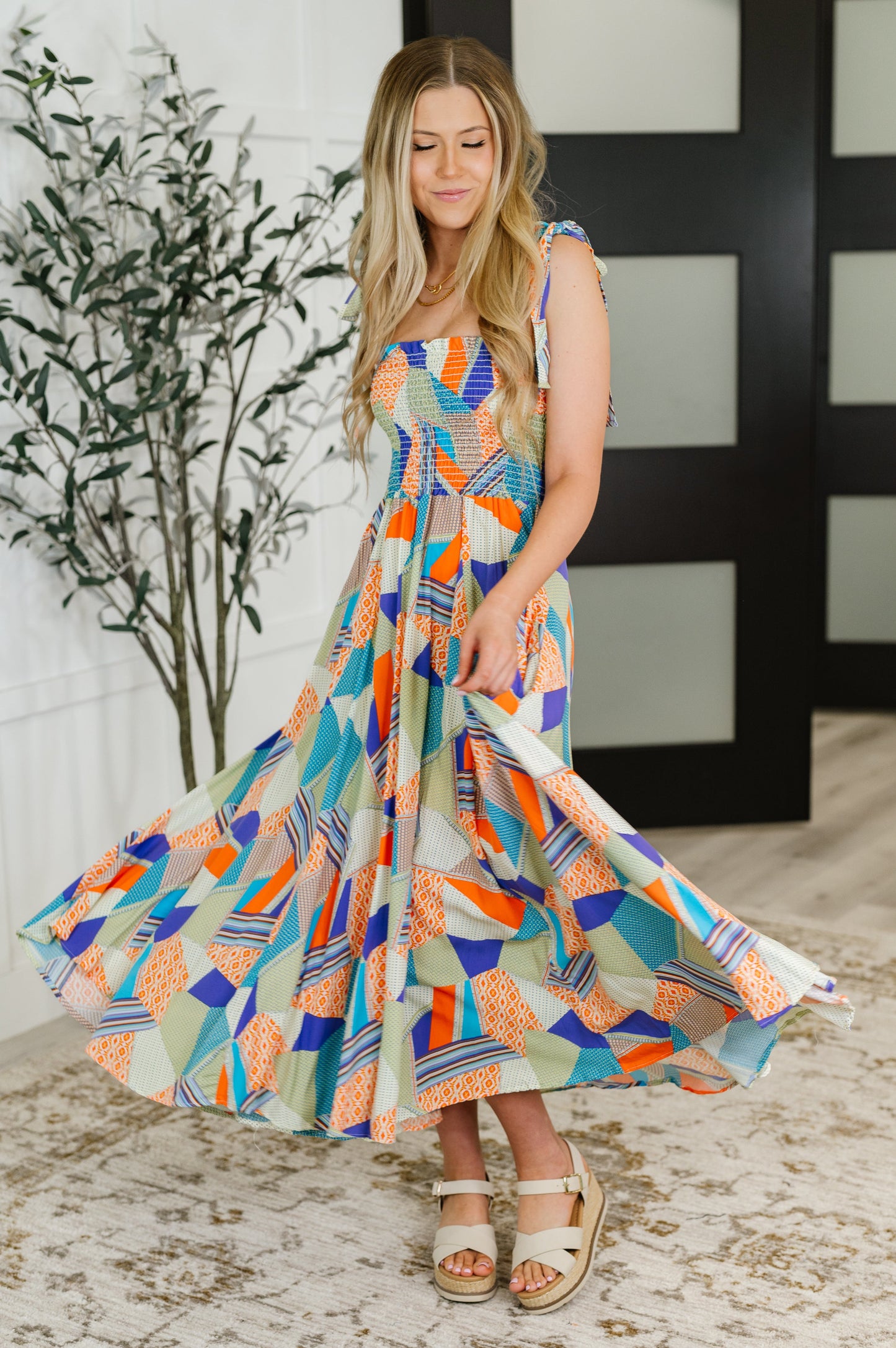 Paint Me Pretty Square Neck Dress in Lime, Blue and Tangerine - Southern Divas Boutique