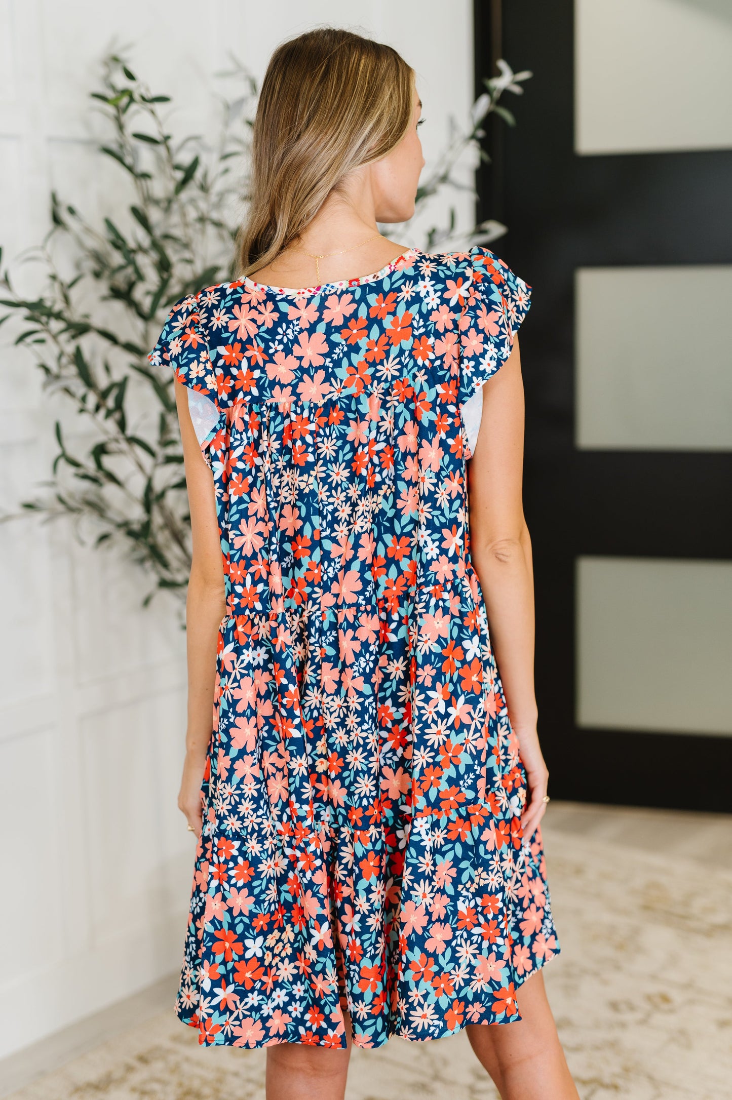 Petal to the Metal Flutter Sleeve Dress in Navy/Coral - Southern Divas Boutique