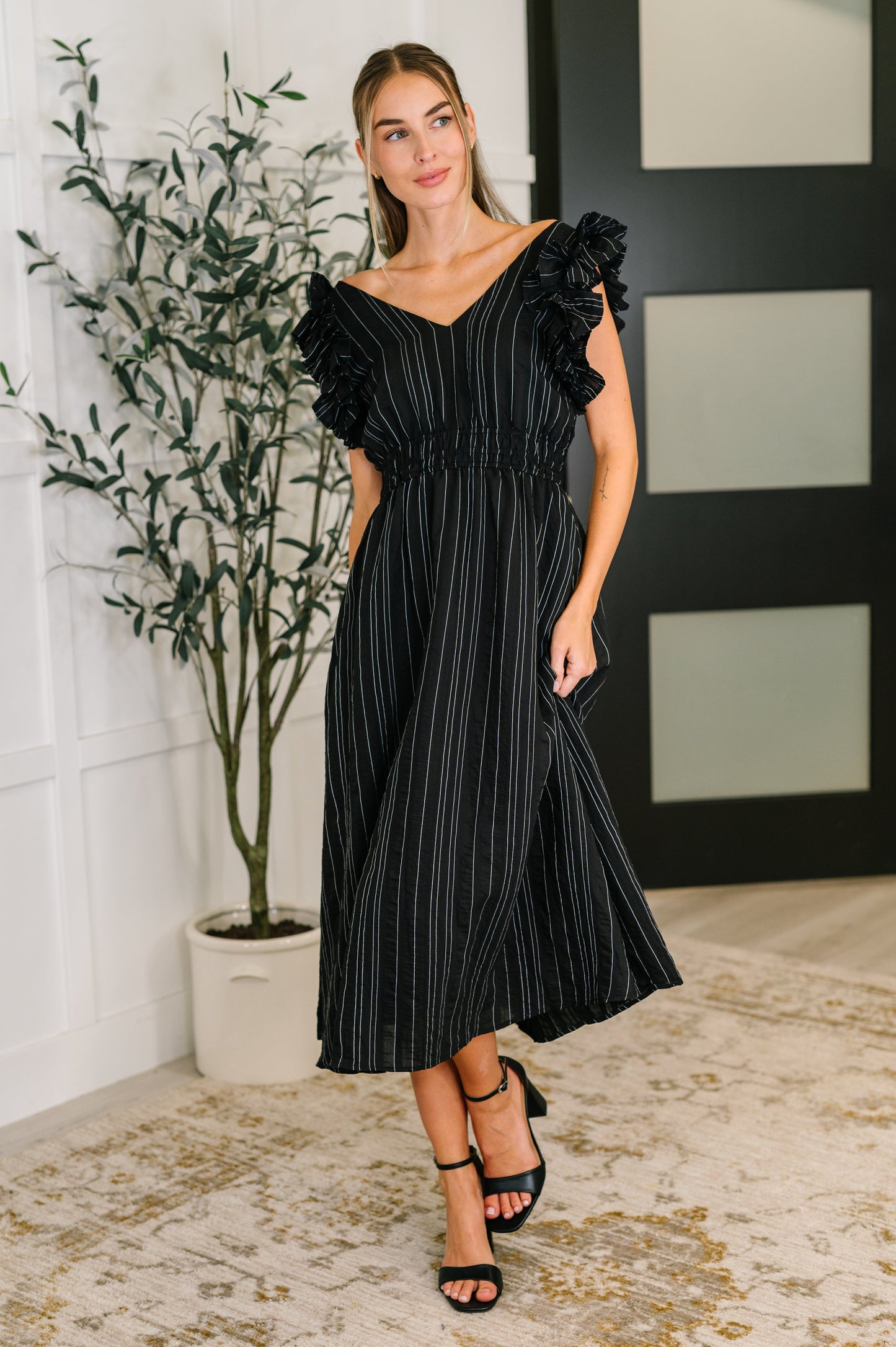 Pinstripe Romance V-Neck Ruffle Sleeve Dress in Black - Southern Divas Boutique