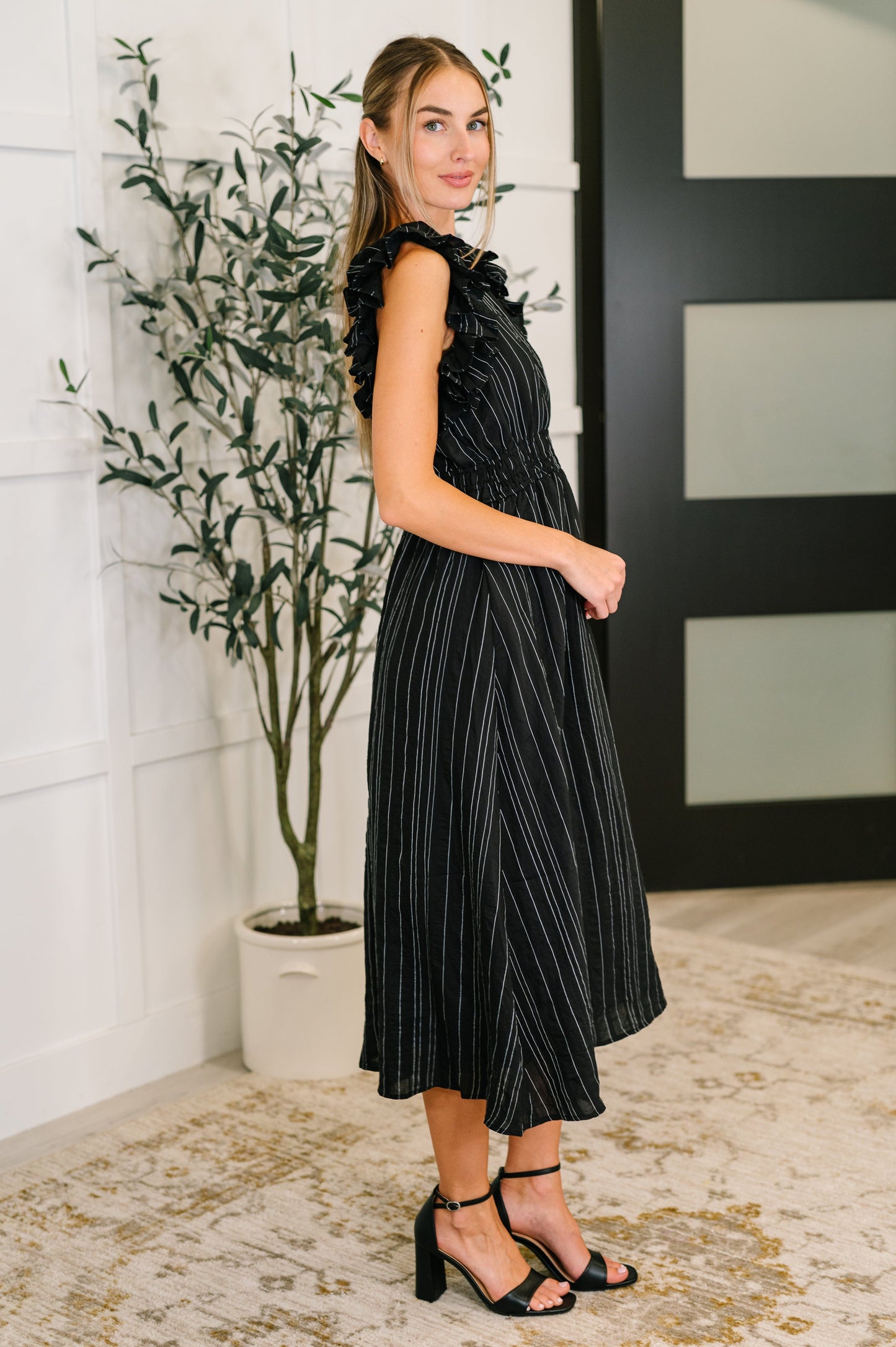 Pinstripe Romance V-Neck Ruffle Sleeve Dress in Black - Southern Divas Boutique