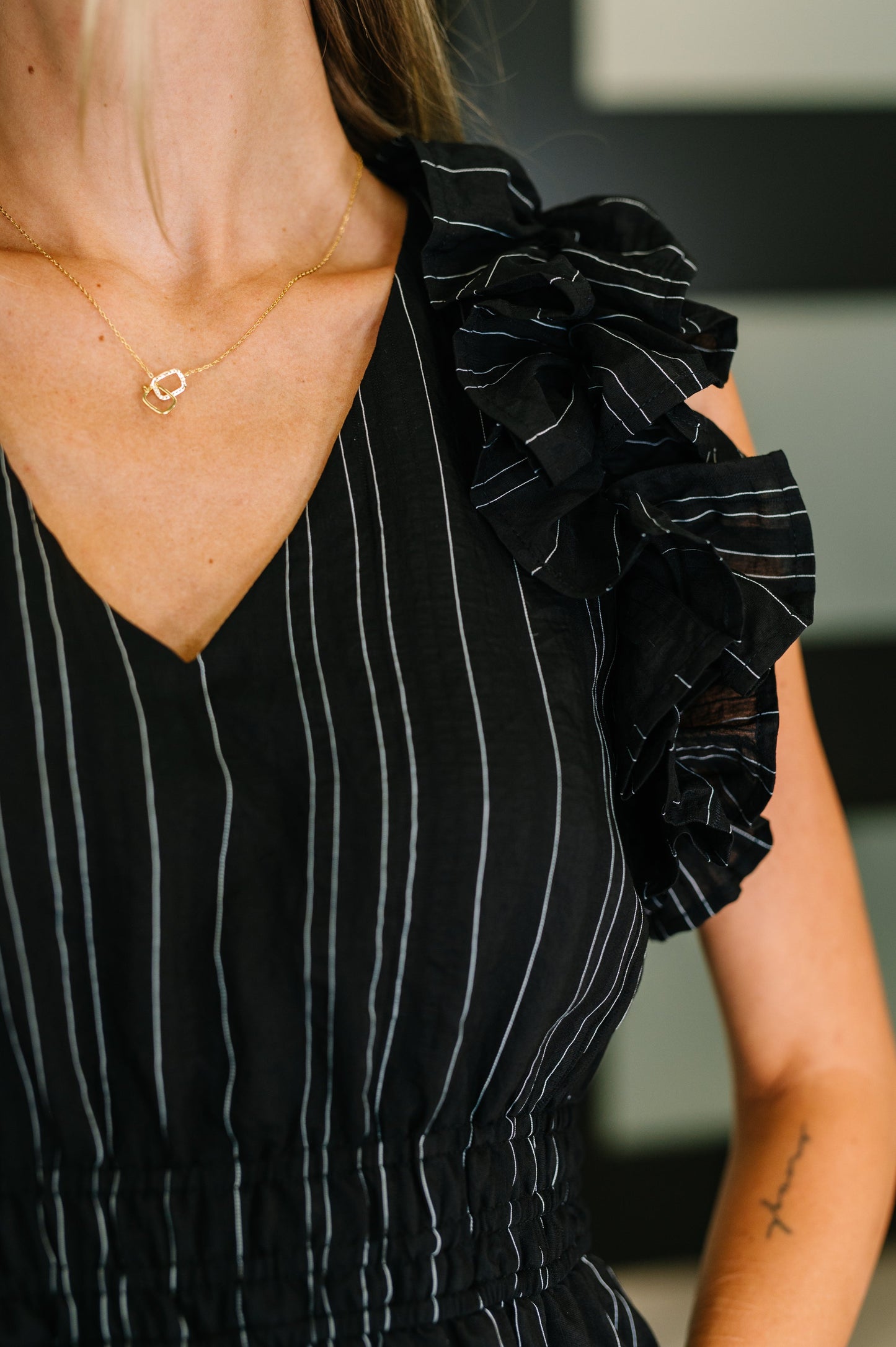 Pinstripe Romance V-Neck Ruffle Sleeve Dress in Black - Southern Divas Boutique
