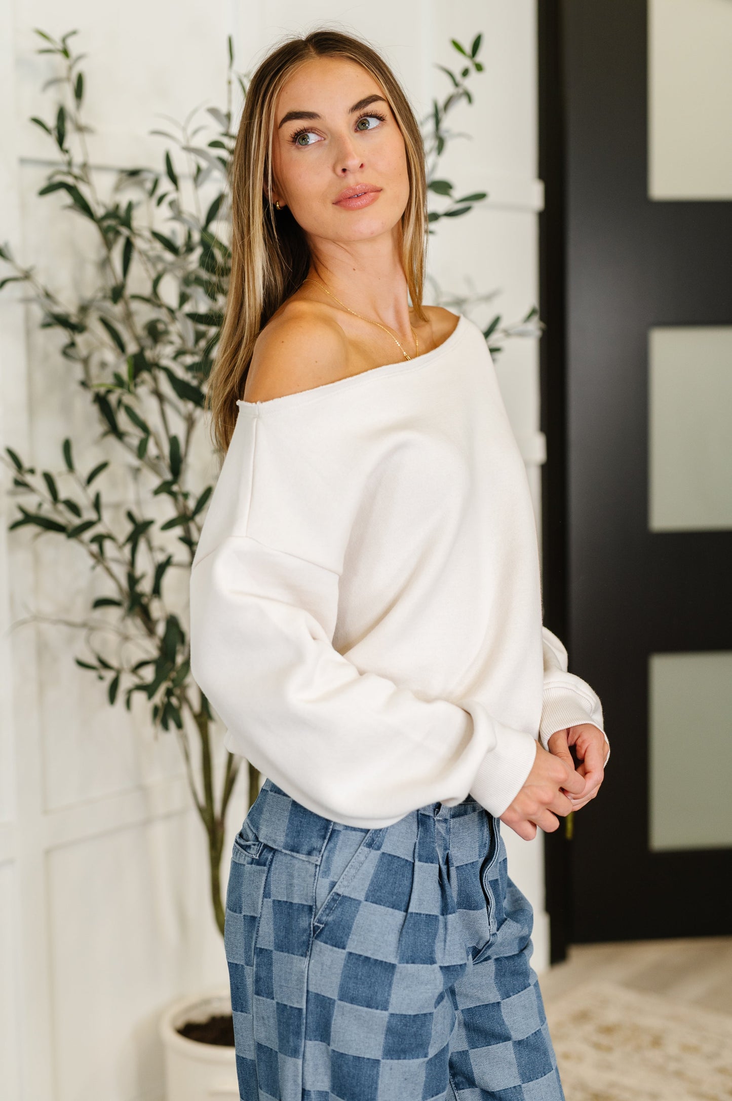 Side Hustle Off Shoulder Long Sleeve Top in Bone - Southern Divas Boutique