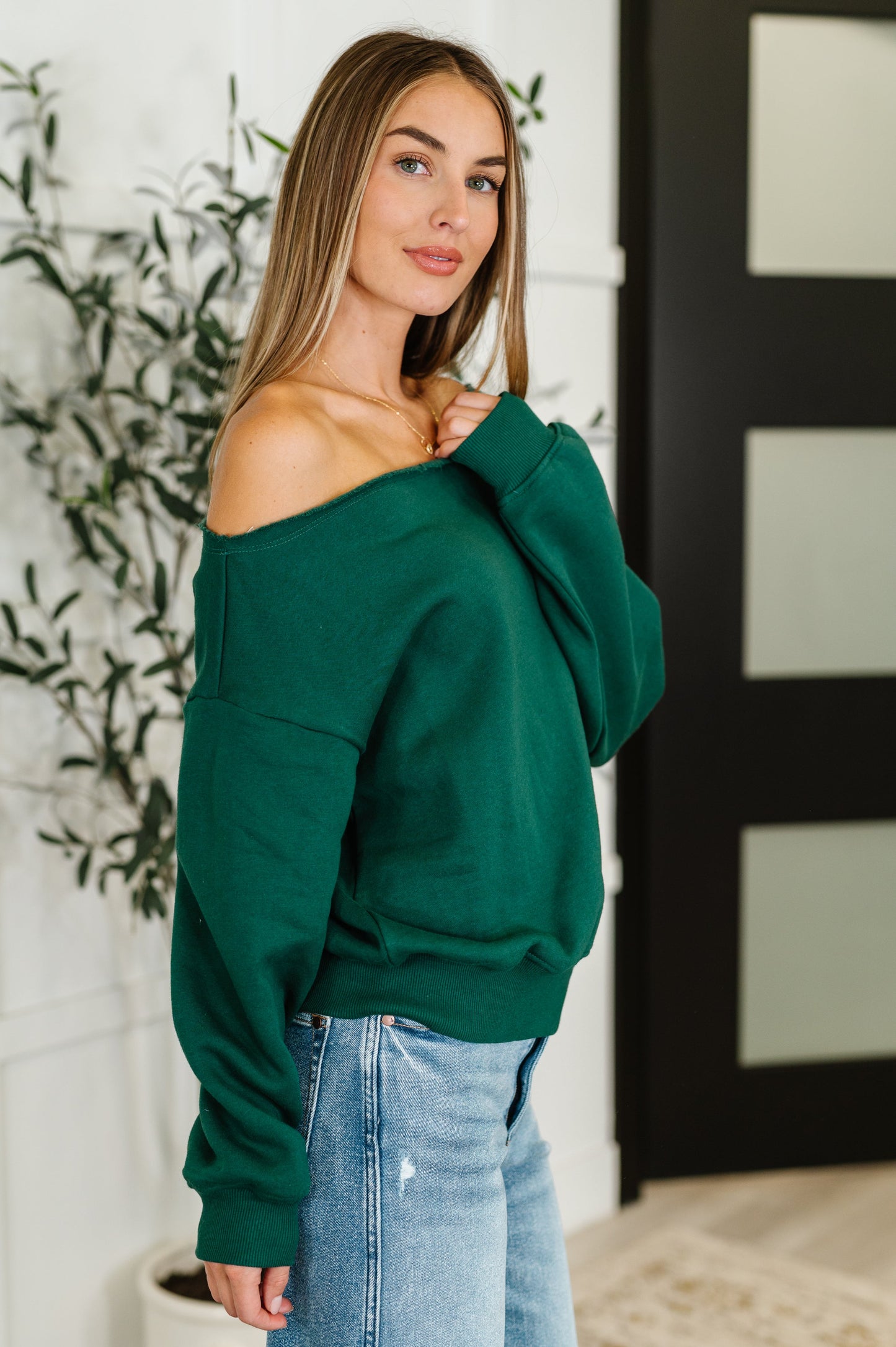Side Hustle Off Shoulder Long Sleeve Top in Hunter Green - Southern Divas Boutique