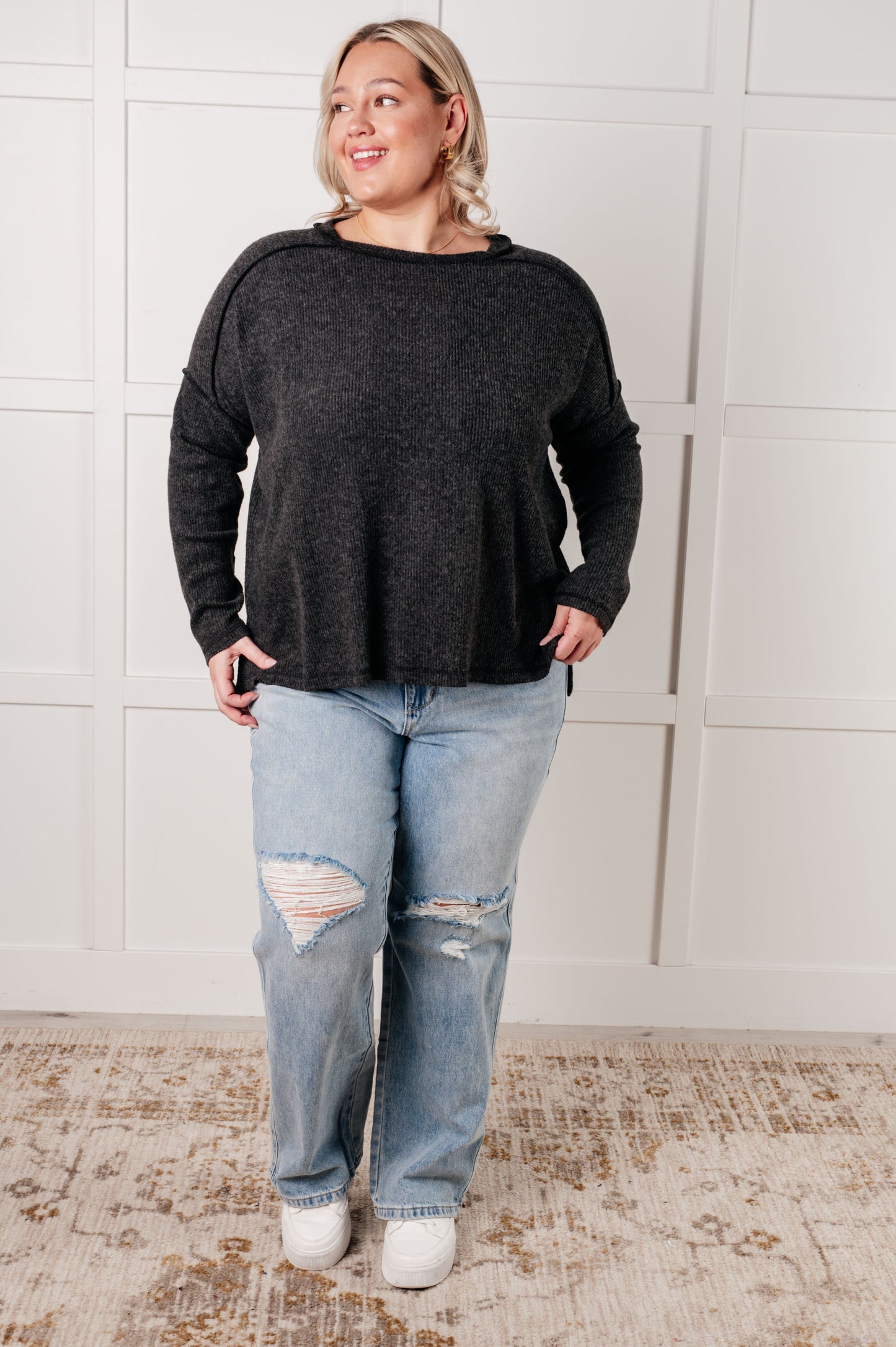 Simply Basic Ribbed Hacci Sweater in Black - Southern Divas Boutique