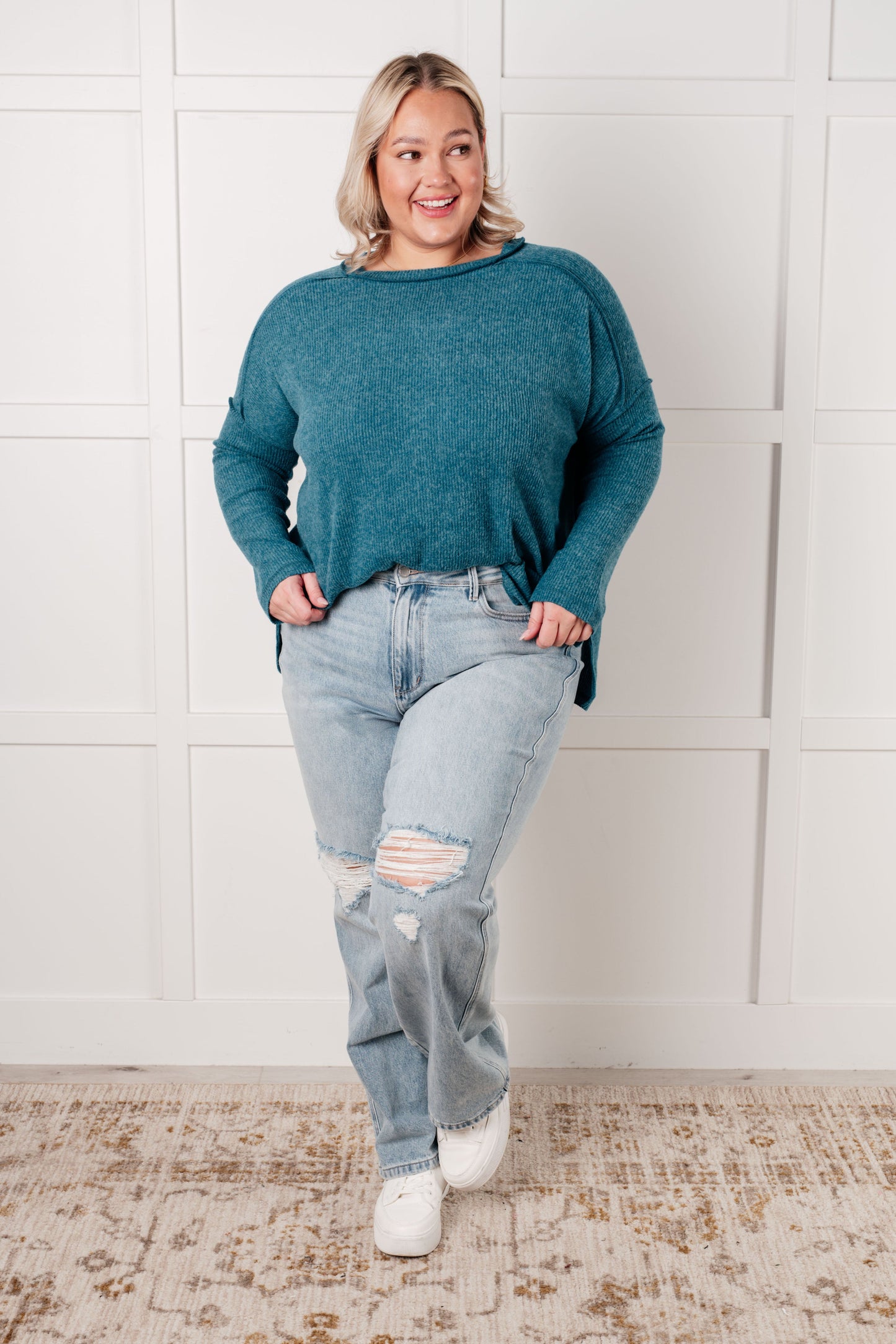 Simply Basic Ribbed Hacci Sweater in Teal - Southern Divas Boutique