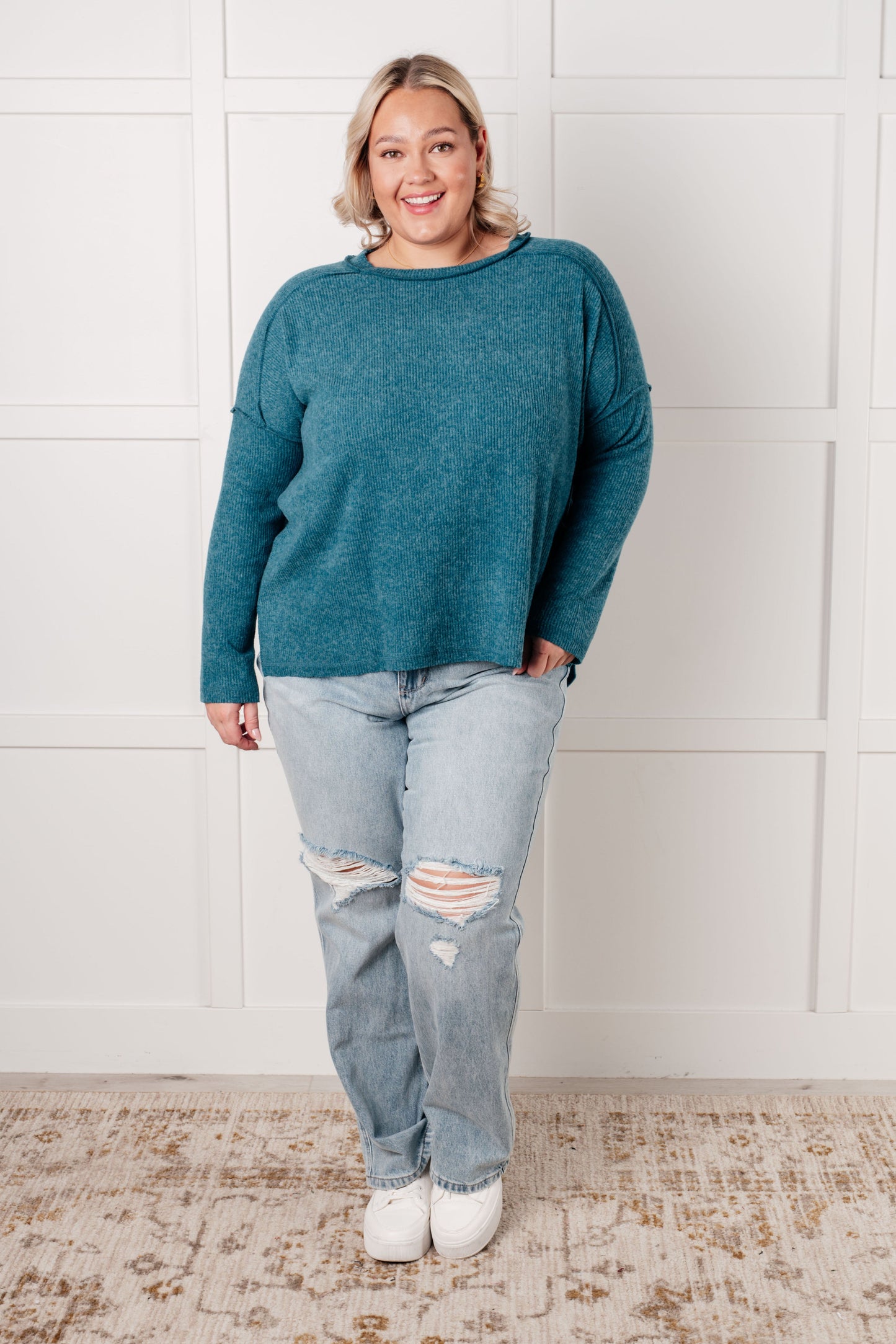Simply Basic Ribbed Hacci Sweater in Teal - Southern Divas Boutique