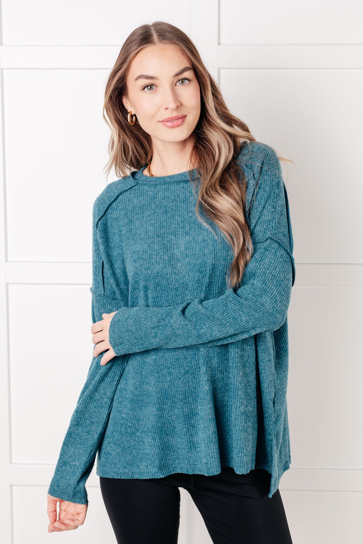 Simply Basic Ribbed Hacci Sweater in Teal - Southern Divas Boutique